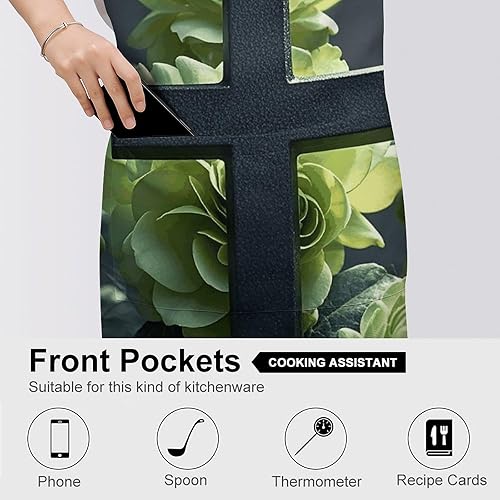 Miniatura 5 de MUSM Apron for Adults - 27.6 X 31.5 Inch, Heavy-Duty Polyester Aprons with Two Large Pockets, Waterproof Black Cross Among Green Flowers Kitchen