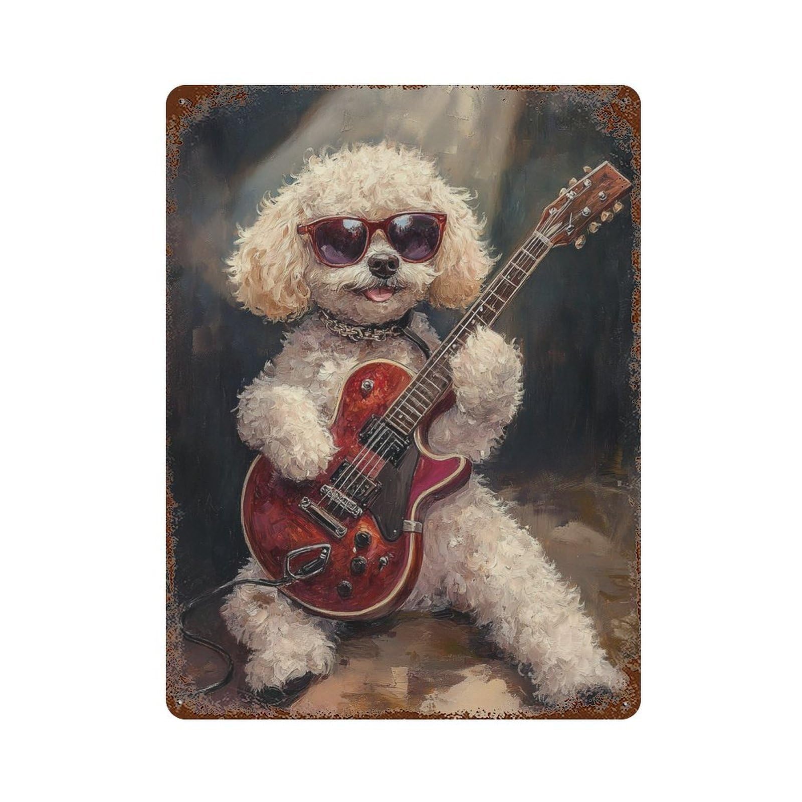 Garage Style Poodle Playing Guitar Art Print Rustic Tin Plaque 15.7"x11.8", Vintage Wall Decor for Bar And Workshop