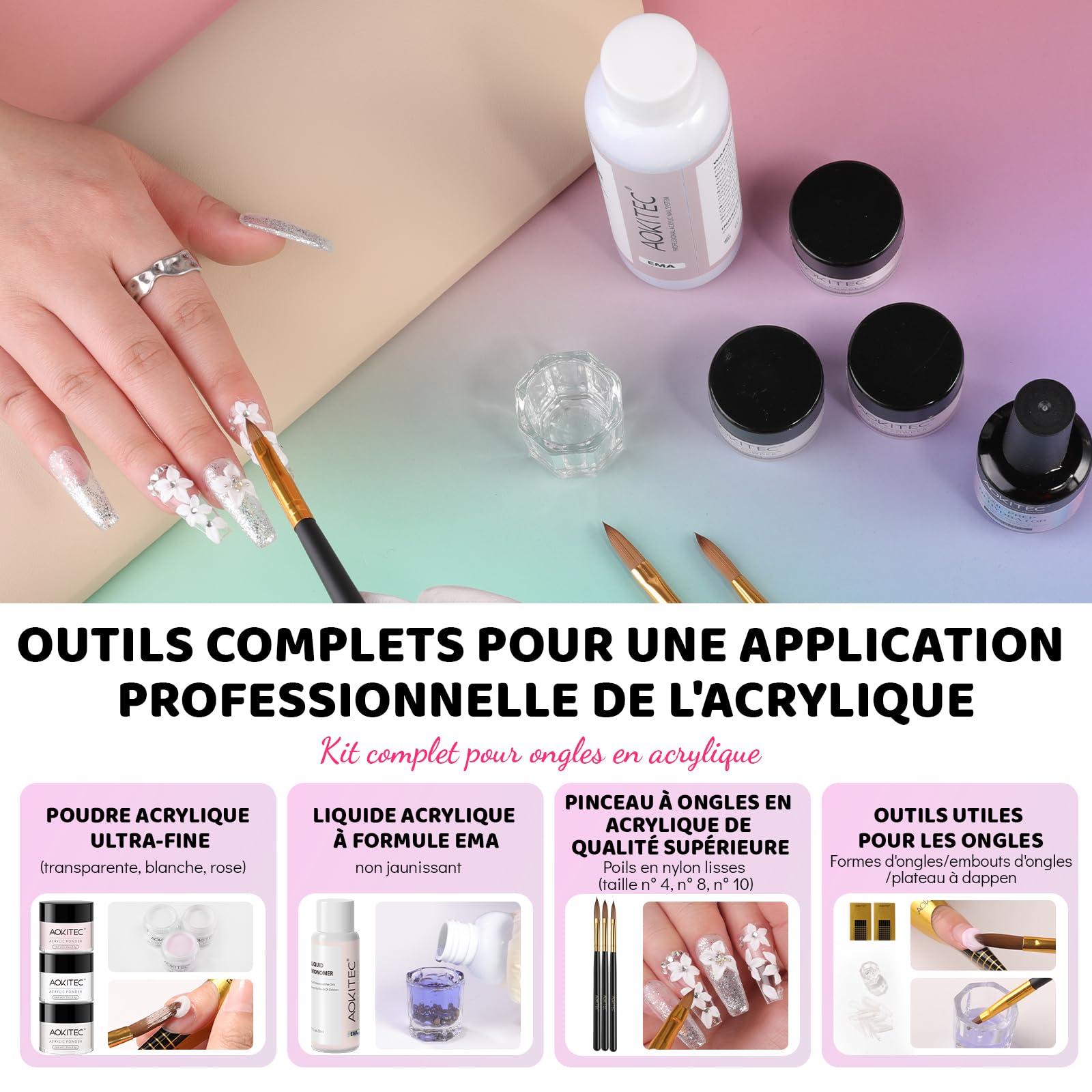 Kit Ongle Gel UV Complet Aokitec, Cadeau pour le Calendrier de l'Avent 2025, Kit Ongles avec Poudre Acrylique pour Ongles, Gel Ongle UV, Lampe UV, Lime a Ongle Electrique, Accessoire Ongle, Nail Art