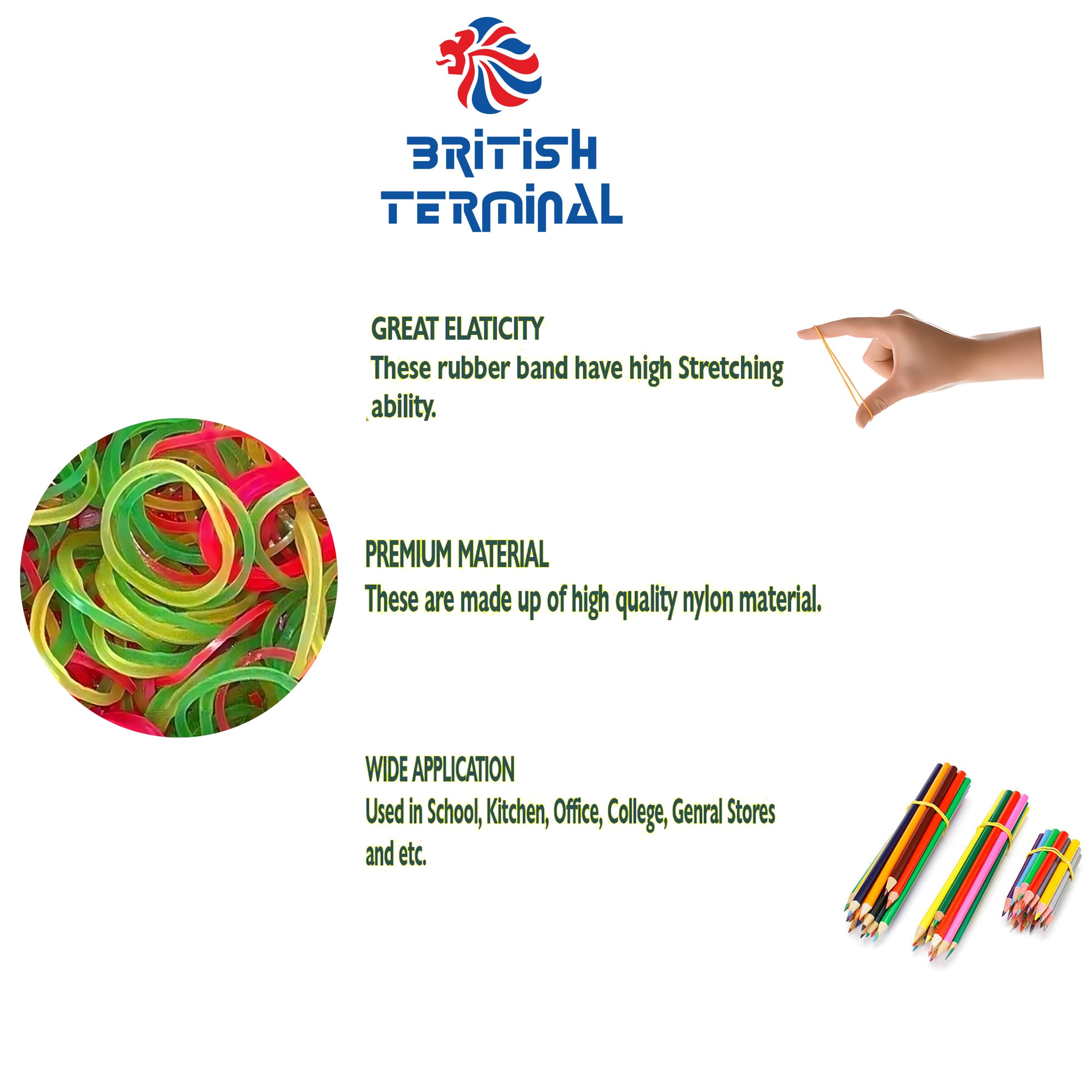 British Terminal Nylon Rubber Bands Fluorescent Color for Packing in School / Home /Kitchen / Stationery / Daily use Items Multi-Purpose High-Quality, Enhanced Stretchability,Durability | Multicolour (3 inch, 50, Grams) 1