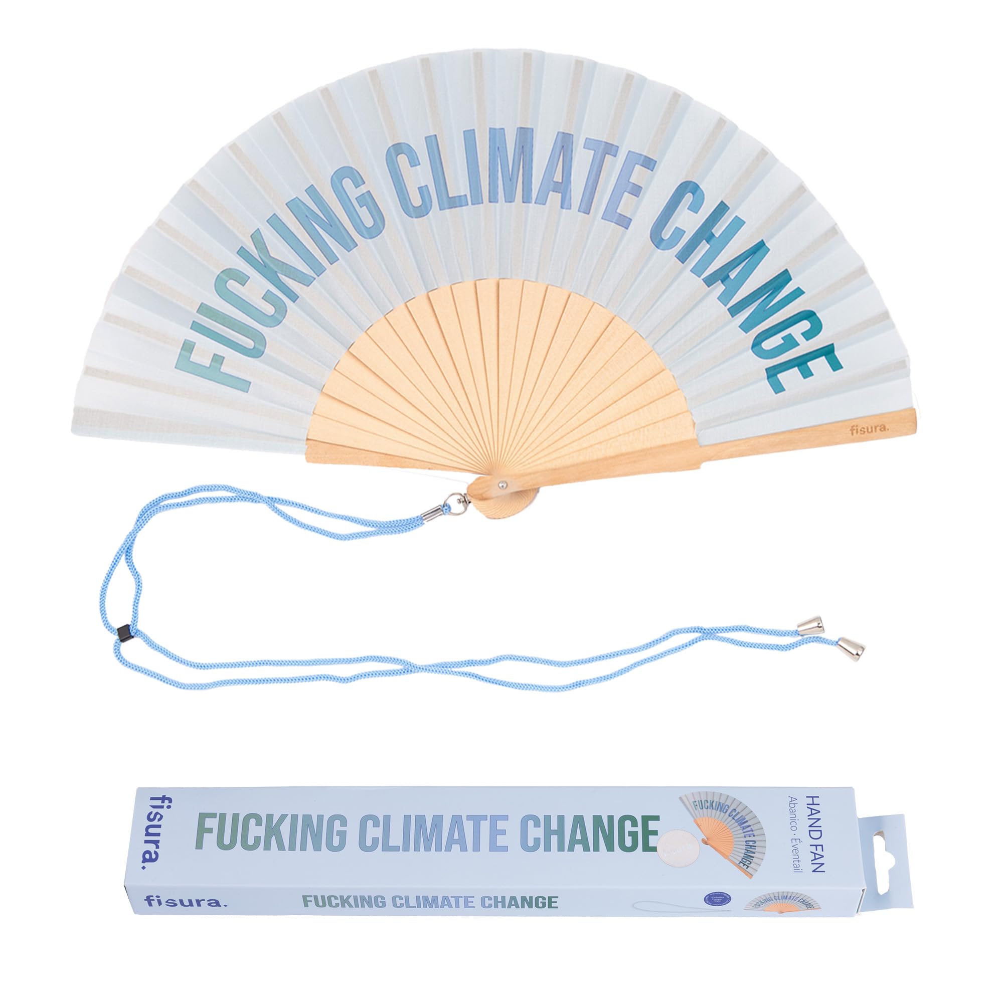 Fisura – Original Folding Handheld Fan with Fun Message “F*cking climate change”. Wooden Folding Fan for women Blue Design with Hanger for Wedding, rave, festival. Size: 42.5 x 23 cm