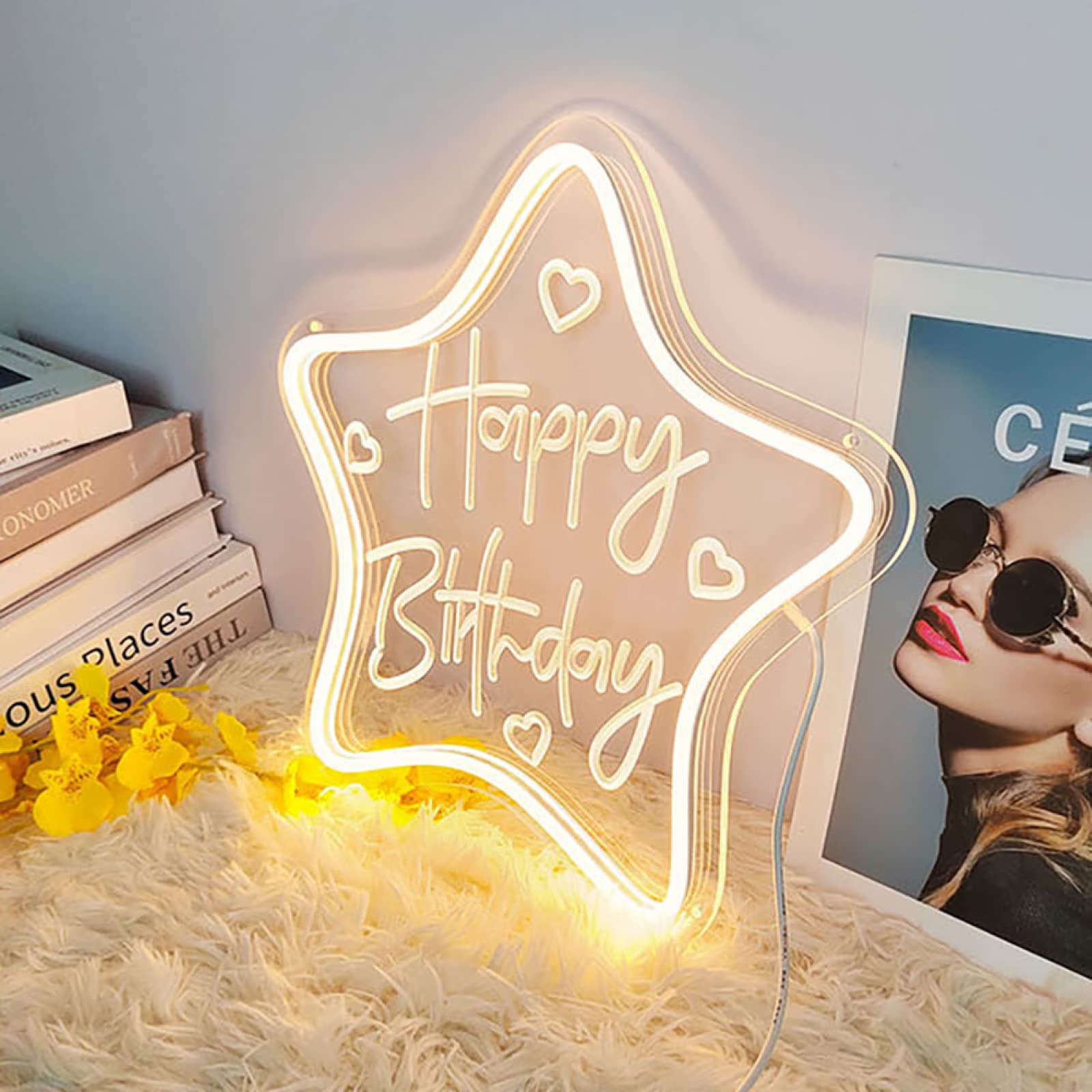 Led Neon Signs|Star Shape Happy Birthday Letters Glowing Modeling Lights|USB Powered Dimmable Birthday Party Decor Ambient Lights,Warm White