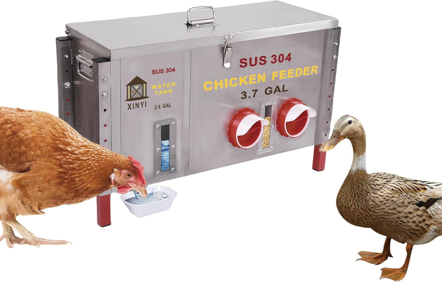 Stainless Steels Chicken Feeder and Waterer, Gravity Feeder with Adjustable Legs, Aluminum Alloy Water Cup, Automatic Feeder Waterpoof and Sturdy, Transparent Water Observation Window, 3.7 Gallon