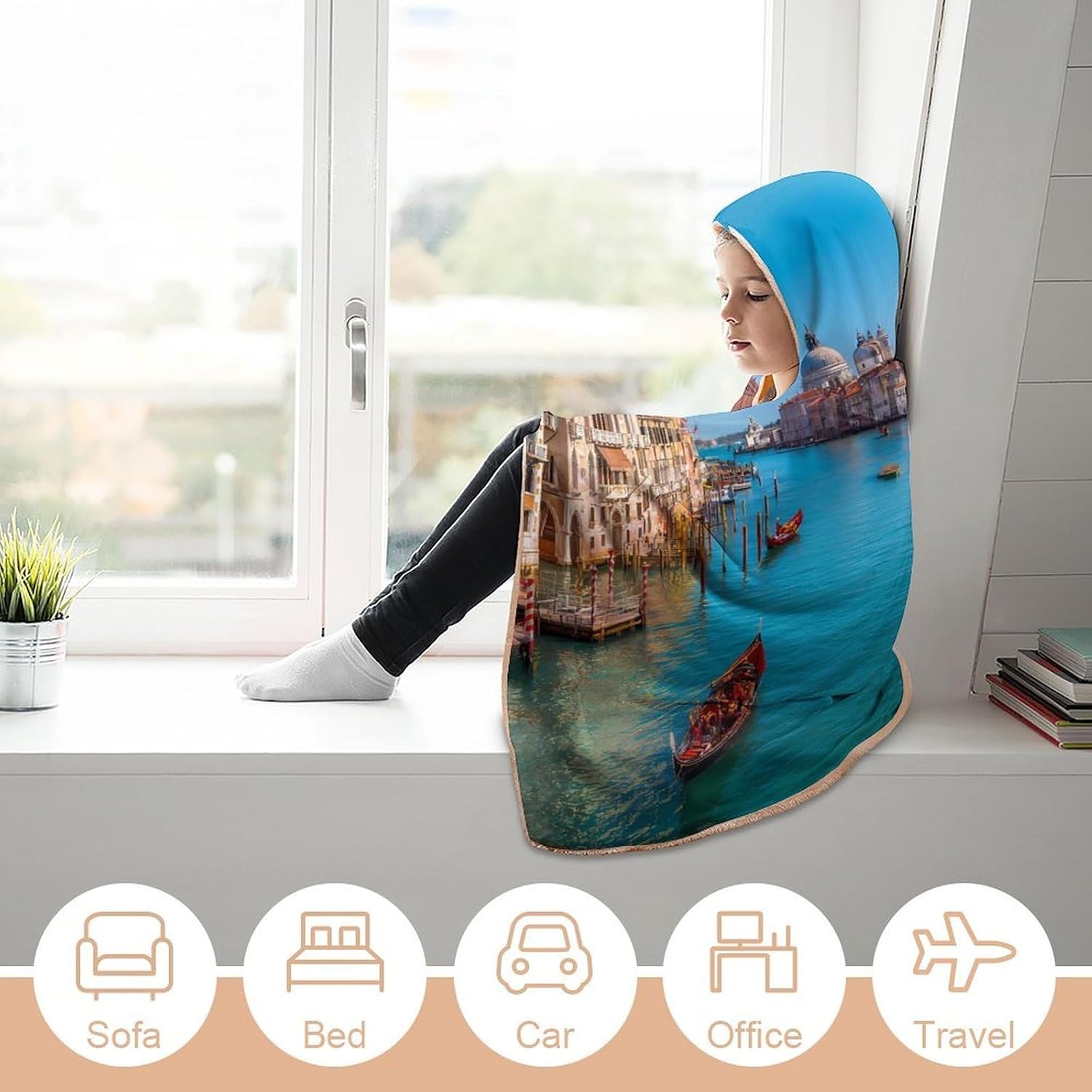 Venice Italy Boats Gondolas Wearable Blanket Oversized Throw Cape | Cozy Hooded Blanket Gifts for Women Men