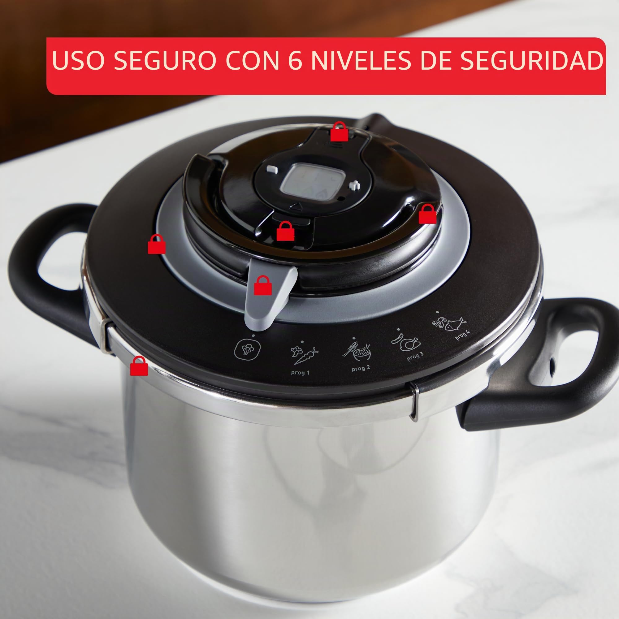 SEB Olla de cocción rápida, 5-8 Personas, inducción, 4 programas de cocción, cocción rápida, Apertura y Cierre de la Tapa con una Sola Mano, Clipso+ Chef 8L, P4551400, Negro