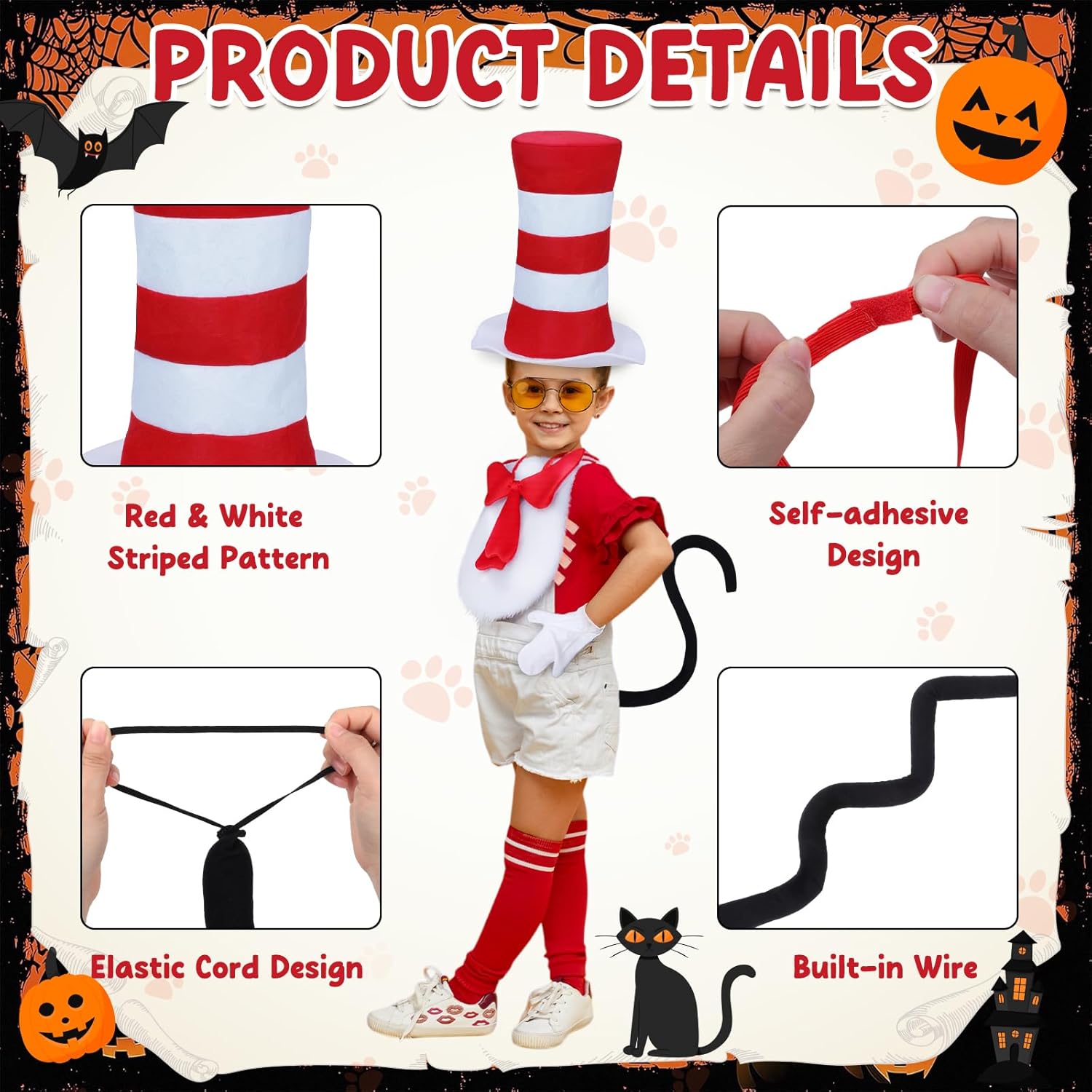 Mototo 1 Set Cat Hat in Costume Kit Red White Striped Top Hat with Furry Red Bow Tie White Gloves for Adult Scarecrow Cosplay Halloween Theme Party Book Character Day Dress Up - Image 3