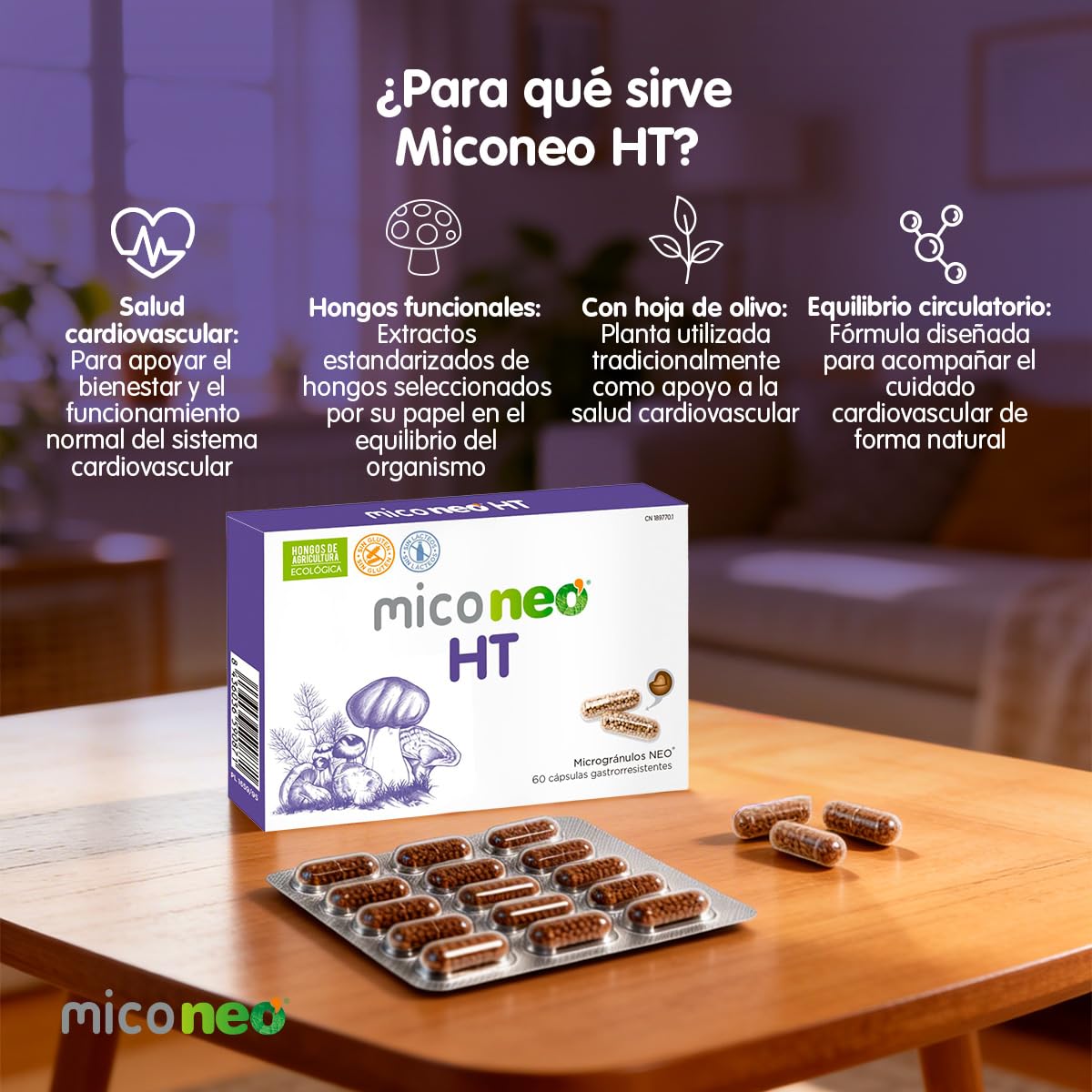 Mico NEO | HT | Hongos de Agricultura Ecológica | Apto Para Vegetarianos | Sin Gluten ni Derivados Lácteos | 60 Cápsulas | Tomar 1 o 2 Cápsulas al Día