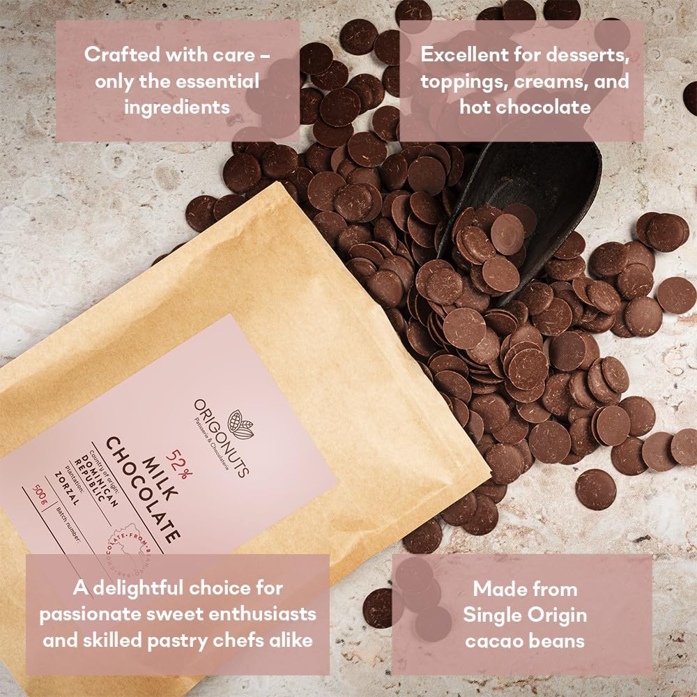 ORIGONUTS, Pepites de Chocolat au Lait à Fondre - Facile à Doser et à Dissoudre - Base pour Gâteau, Creme, Dessertes, Glace, Patisserie - Chocolat de Dubai - Dominicaine 52%, 500g