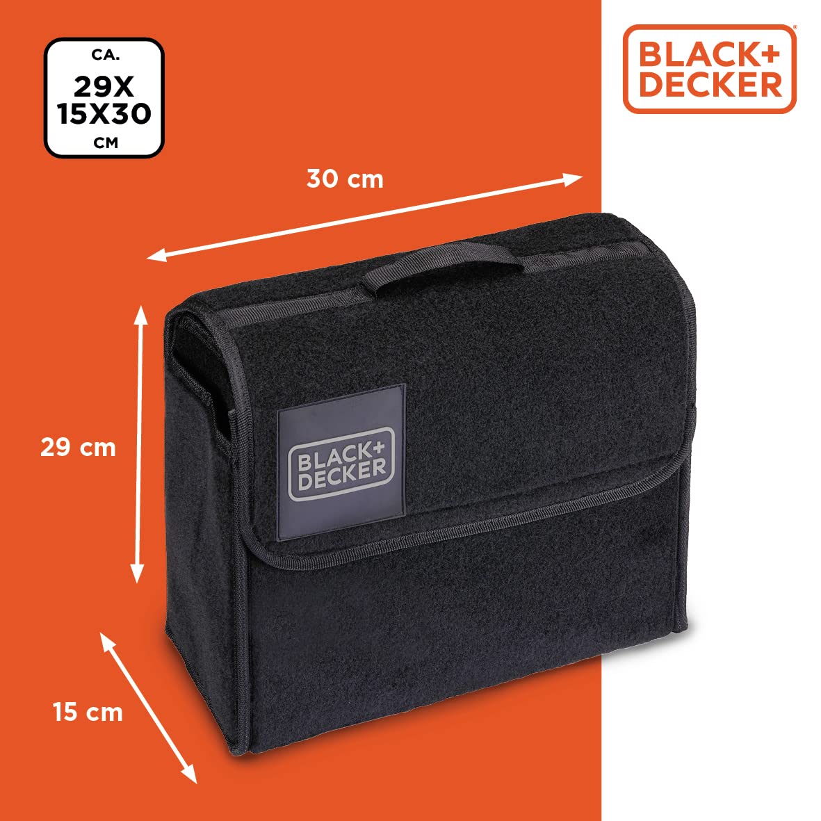 BLACK+DECKER Organizer do bagażnika, 29 x 15 x 30 cm, z zapięciem na rzepy, uchwyt, czarny