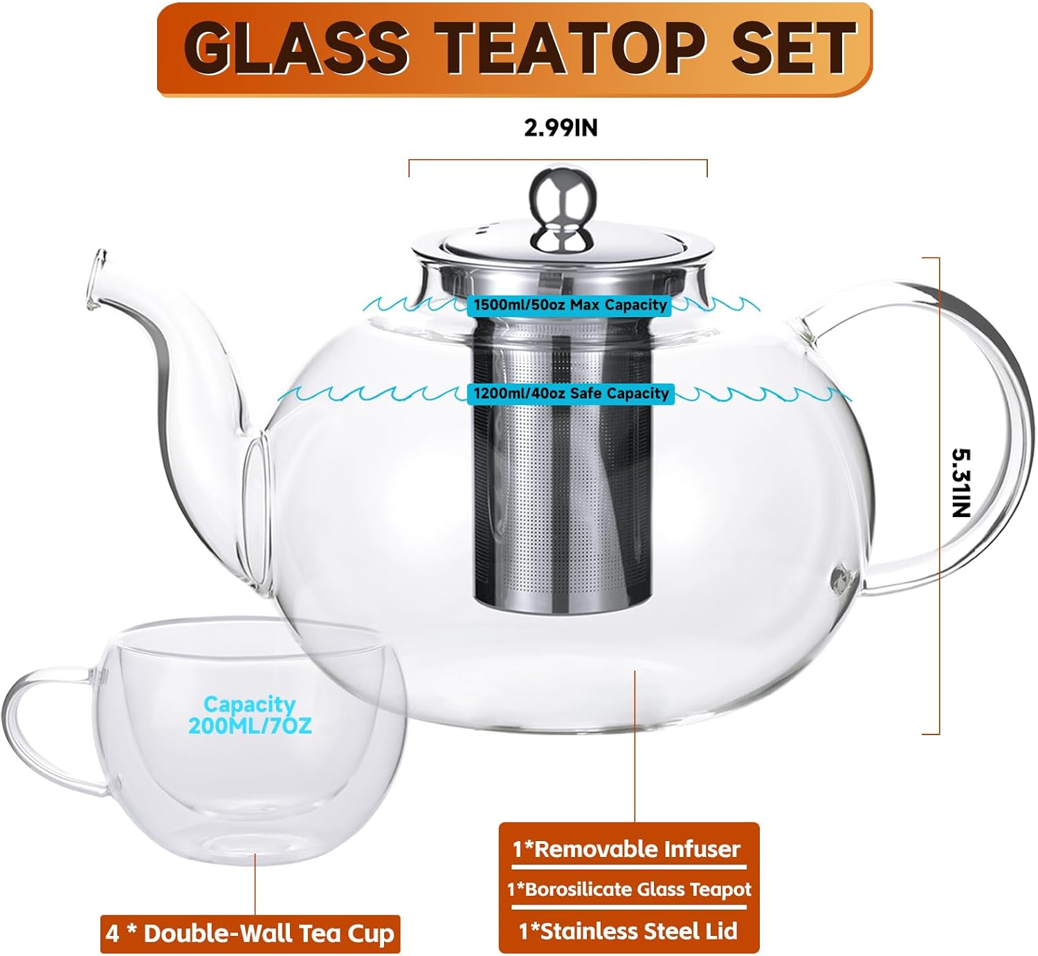 50OZ/1500ML Glass Teapot Set with 4 Double Wall Teacups & Removable Infuser, Stovetop & Microwave Safe Clear Tea Maker Water Kettle with 7OZ/200ML Tea Cups for Loose Leaf Blooming Tea - Image 6