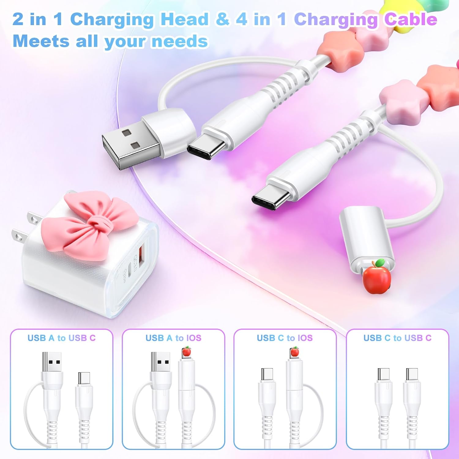 Aolcev 4 in 1 USB C Cable Beaded Multi for iPhone 17 Charger Cord 2 in 1 USB A USB C Charger Block 25W Cute Type C Fast Charging Blocks with Case for iPhone 16 15 Pro Max Girl 3.3FT Rainbow Colors - Image 2
