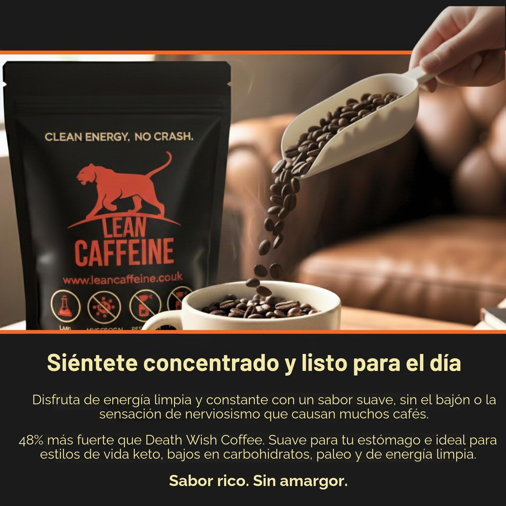 Lean Caffeine Caffè ad Alta Caffeina 908g | Café Bulletproof Súper Limpio de Micotoxinas, Pesticidas y Metales Pesados | Granos de Café Fuertes sin Acidez, los Más Limpios y Fuertes del Reino Unido | Lean Caffeine Granos de café, 908 g, alta cafeína Bulle