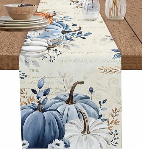 Camino de mesa de otoño de calabazas azules y grises de 72 pulgadas de largo, camino de mesa rústico para el día de Acción de Gracias, camino de