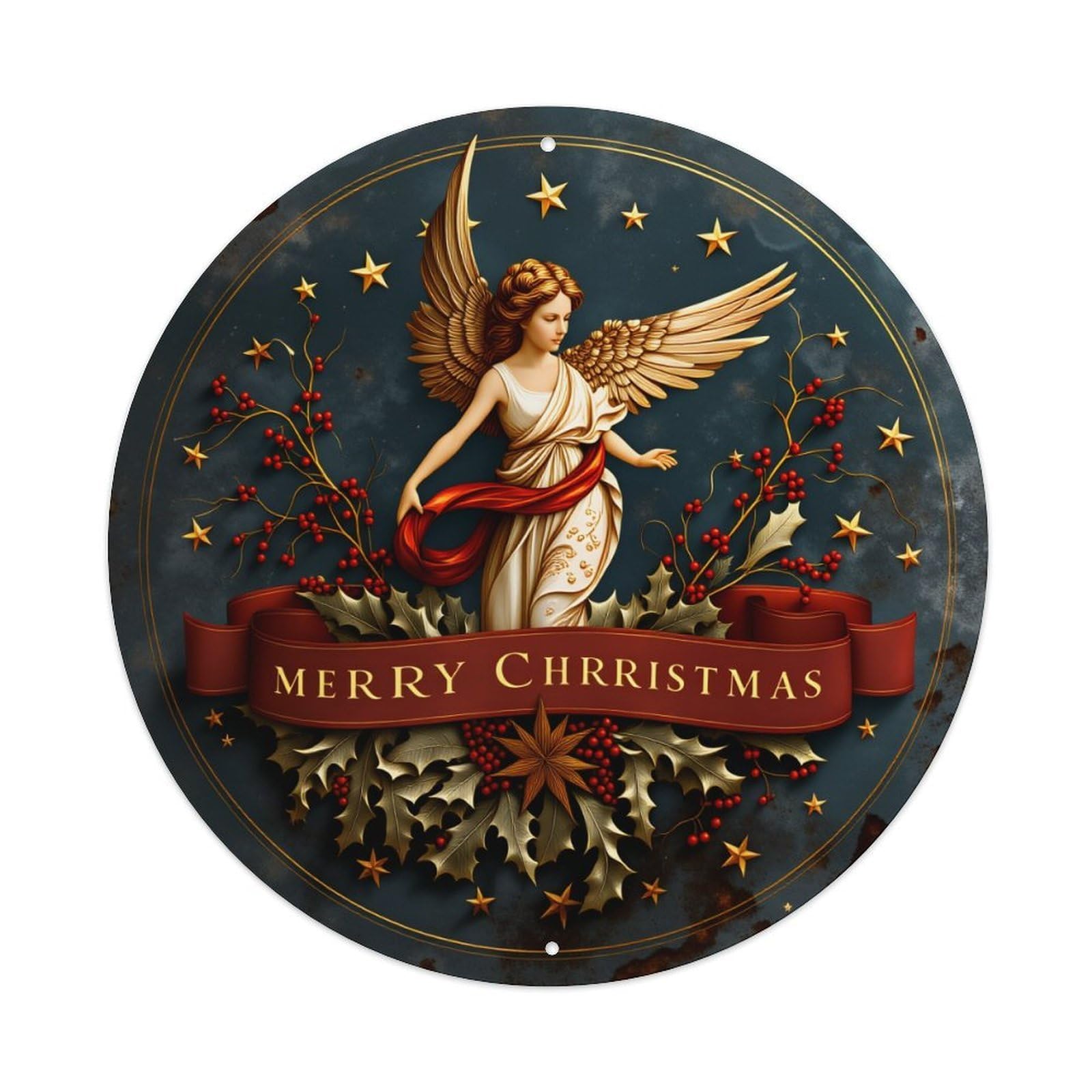 Angel Christmas Stars Holly Ribbon Round Tin Sign Vintage Style Metal Sign Home Bar Garden Wall Plaque Decor Metal Poster 8x8 Inch