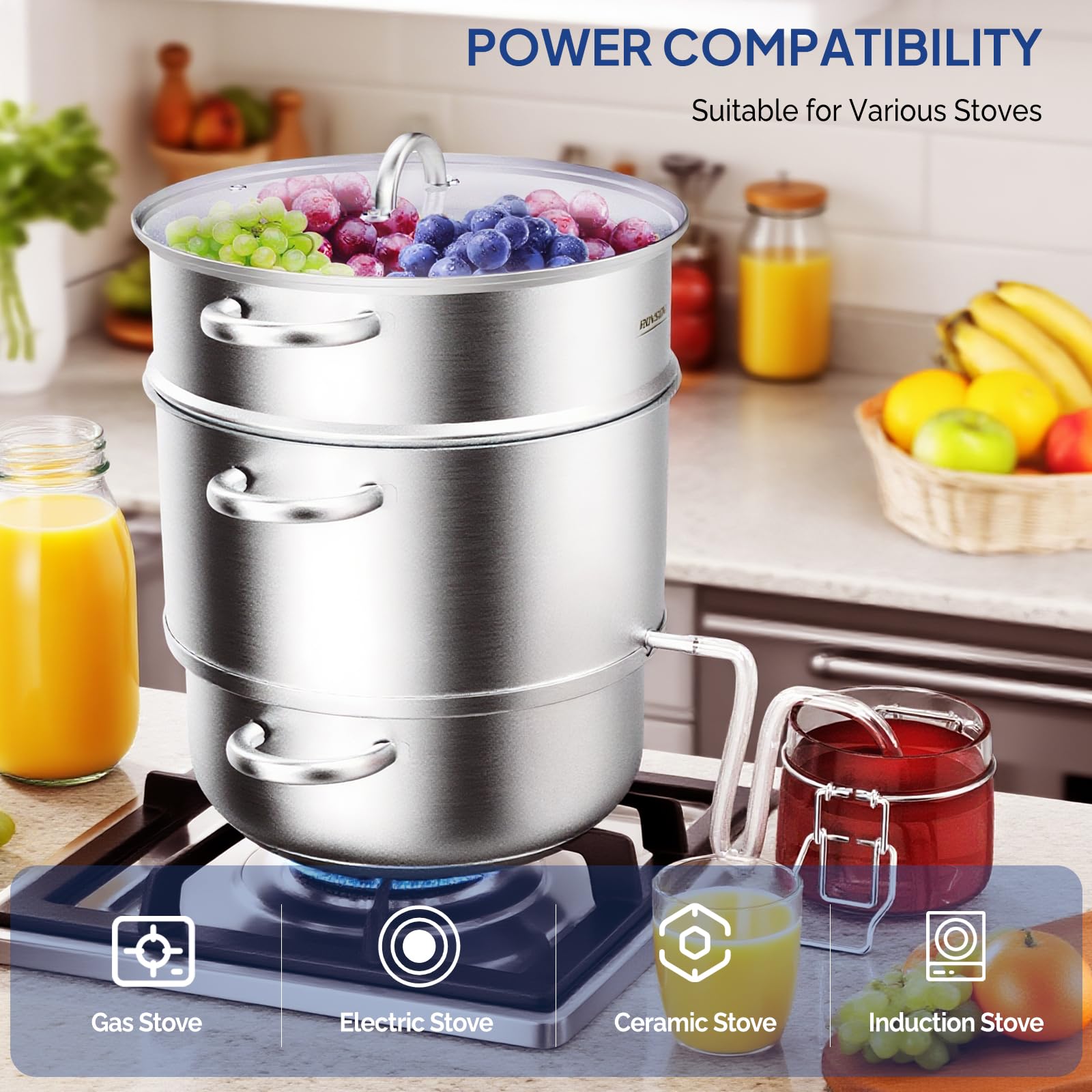 Vaporizador de jugo de acero inoxidable de 8.5 cuartos de galón, extractor de frutas y verduras, olla de vapor, con abrazadera de tapa de vidrio templado, asas de bucle, ideal para hacer jugo 2