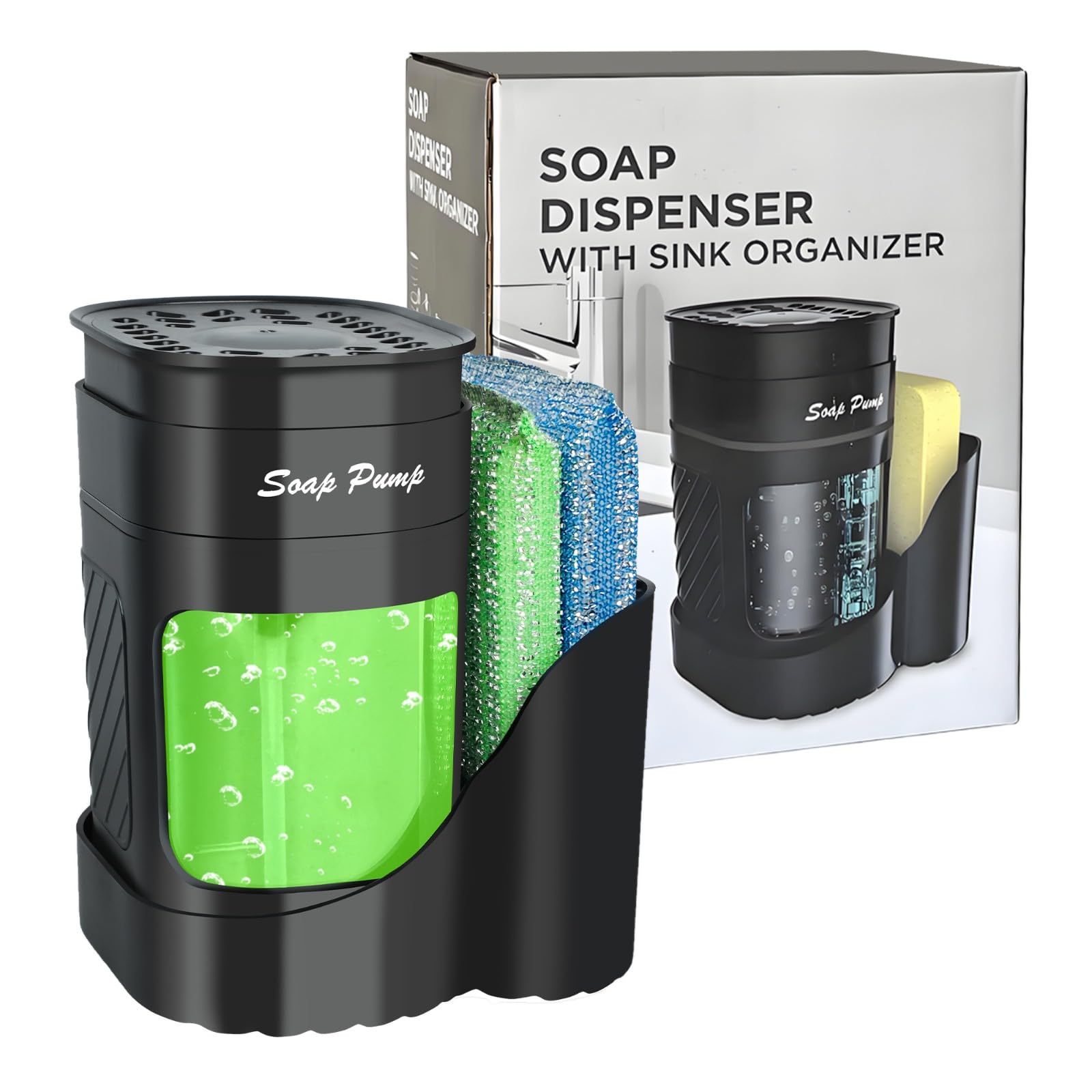 Dispensador Jabon Cocina y 2 Estropajos Antirayaduras | 3 en 1 | Ideal para Fregadero | Jabonera Cocina con Uso de Una Mano | Ahorro de Jabón | 450ml (Negro)