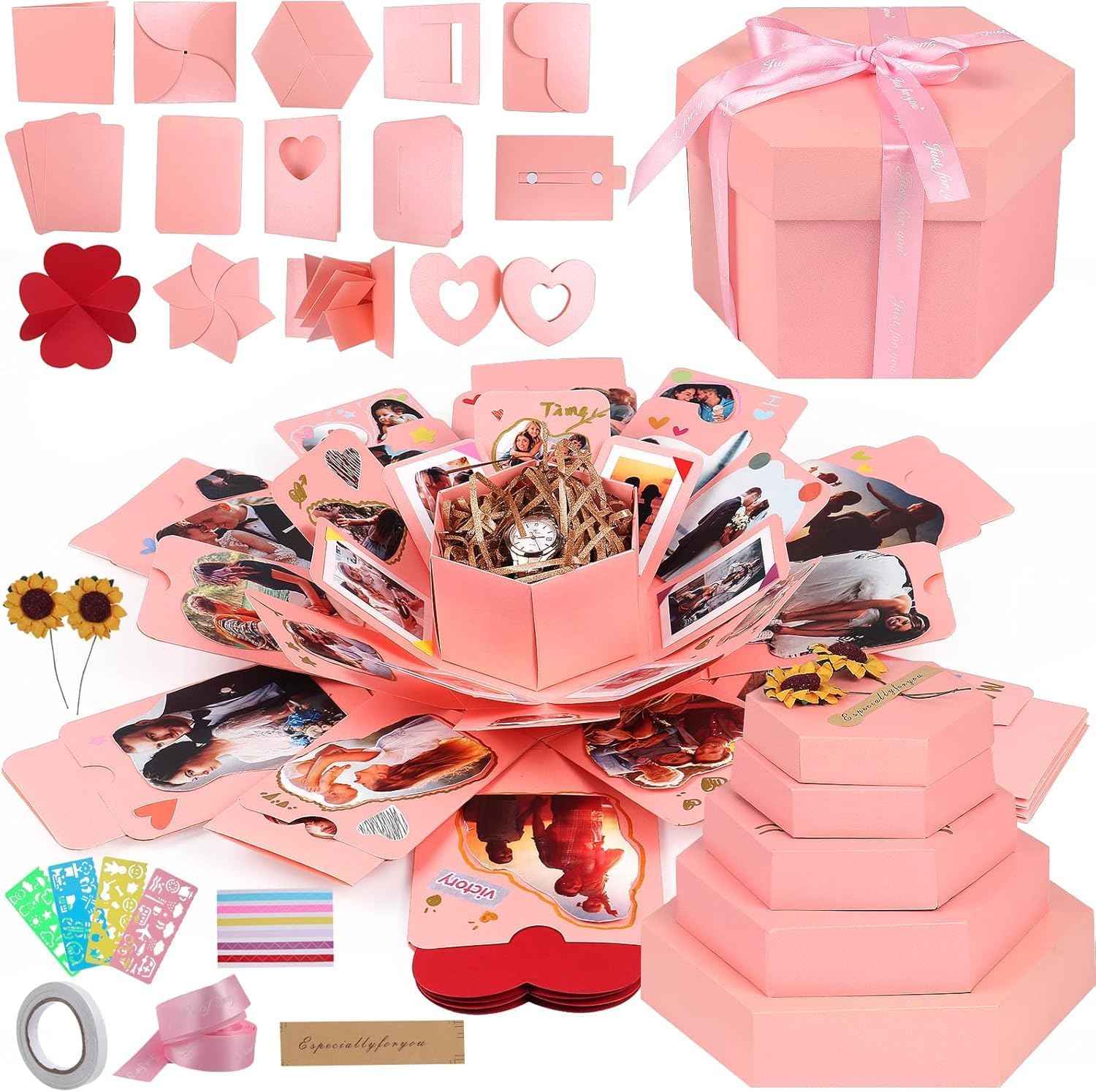RECUTMS Explosion Gift Box, Handmade Exploding Photo Album Mothers Day Gifts,Gift Box with 6 Faces for Boyfriend, Girlfriend, Wedding, Birthday Party, Memory Box(Pink-6 Sides) | Gift Box with 6 Faces for Boyfriend, Girlfriend, Wedding, Birthday Party, Memory Box