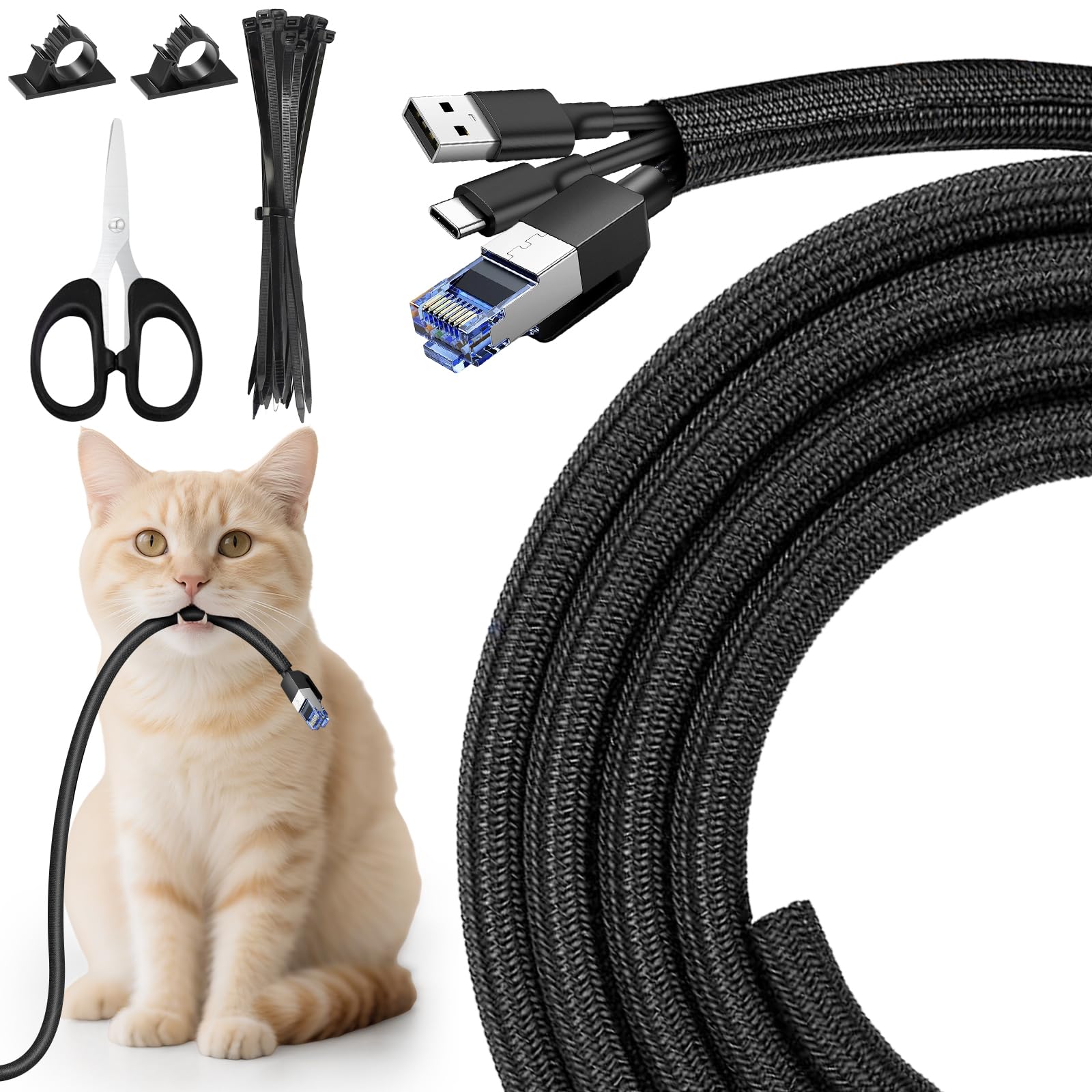 3M Cable Protector Animal Proof 10mm, Cable Tidy Sleeve with Zip tie, Cable Management, Tubing Cable Sleeve, Flexible Expandable Cable Tidy Sleeve for USB Power Cord Audio Video, Black