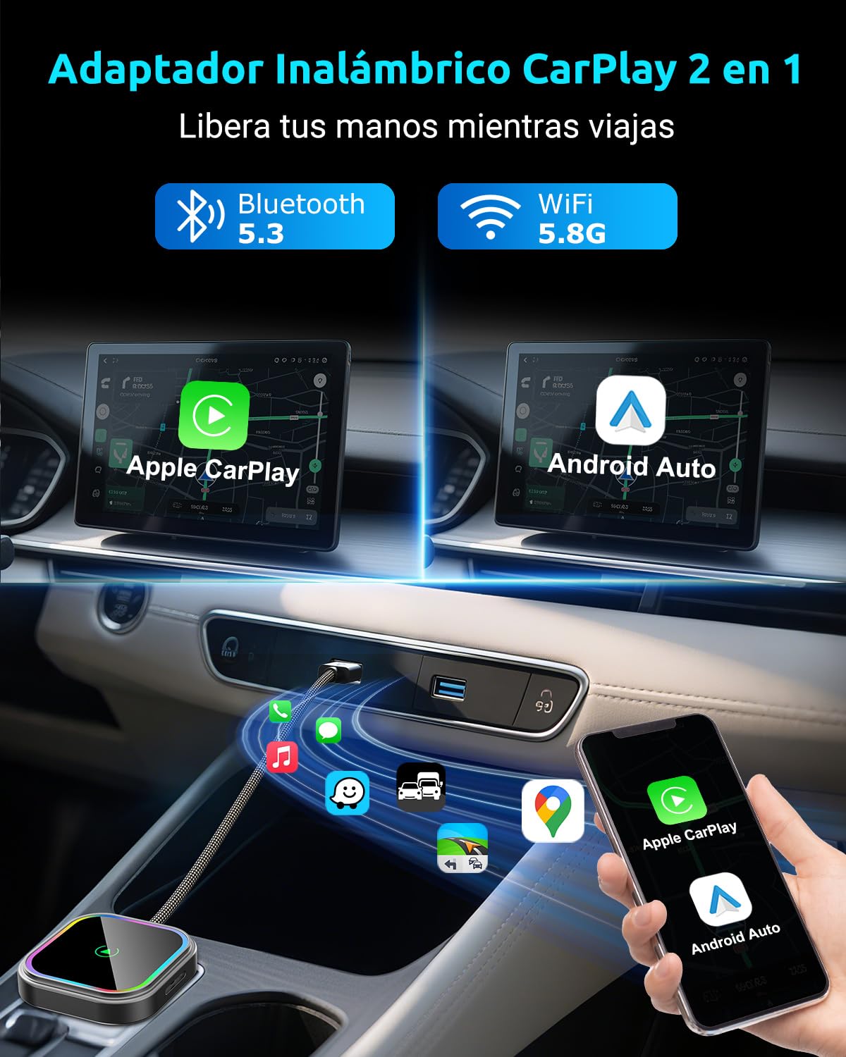 ESSGOO Mini Adaptador Inalámbrico para CarPlay/Android Auto, Adaptador 2 en 1 CarPlay Inalámbrico Bluetooth con Enchufe USB, Compatible con iOS 10+ y Android 11+, RGB con Control de Voz