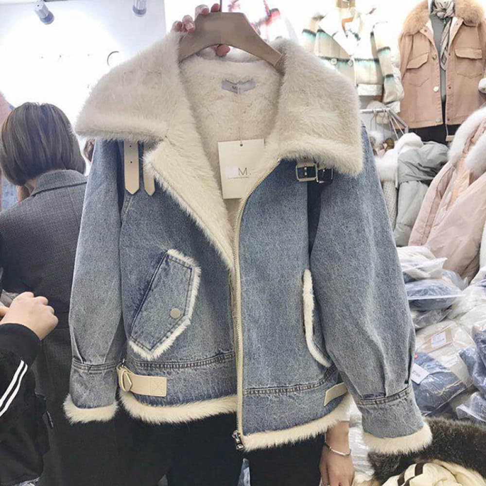 Chaqueta Vaquera De Invierno para Mujer,Chaqueta Vaquera Desgastada Forrada De Lana Cálida Parka Gruesa Recortada Informal Lavado Cremallera Manga Larga Chaqueta De Solapa Otoño Invierno Ropa De Abr