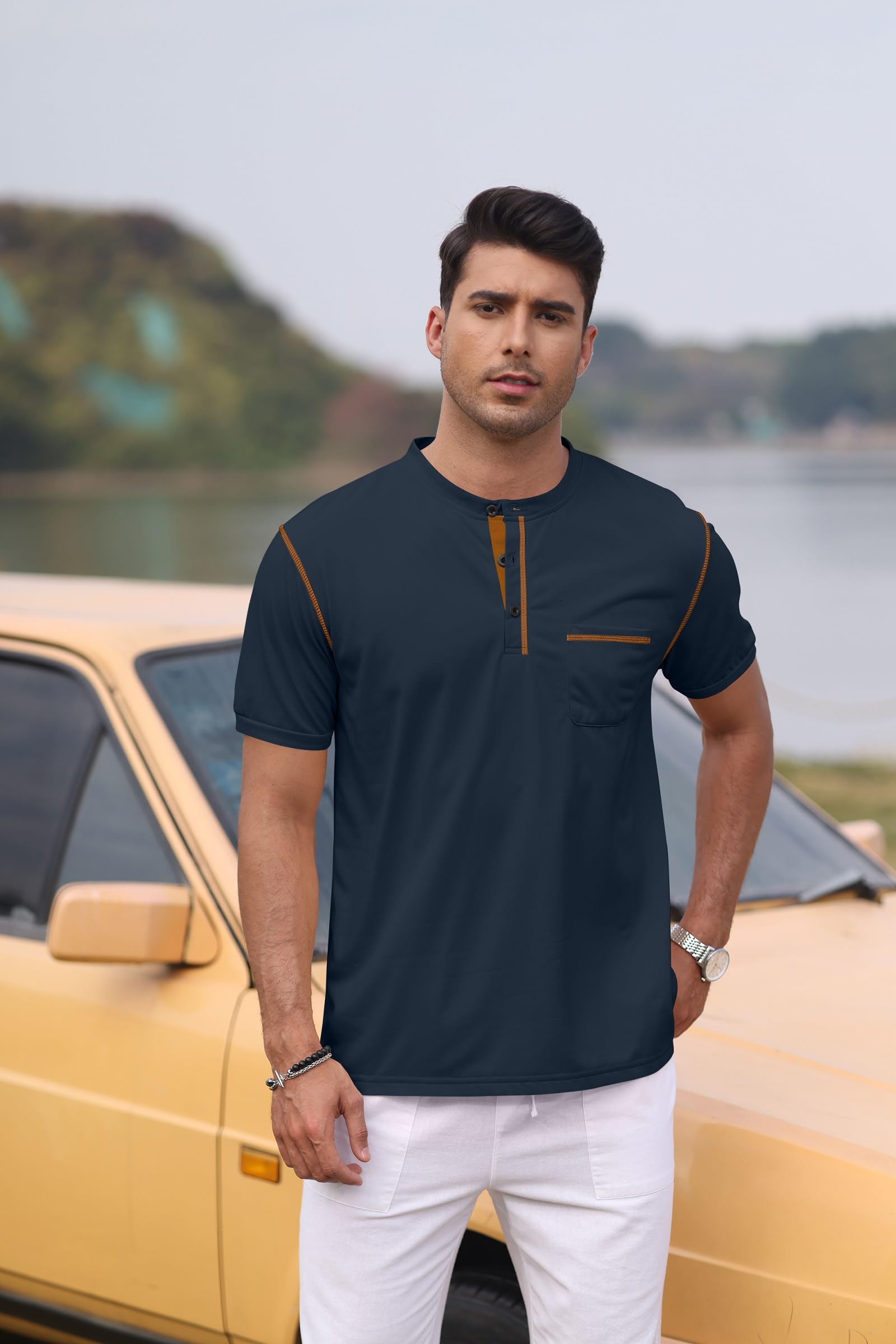 Rela Bota Men’s Henley Shirts Short Sleeve Casual Basic T-Shirts Fashion Classic Lightweight Button Tee Tops Blue