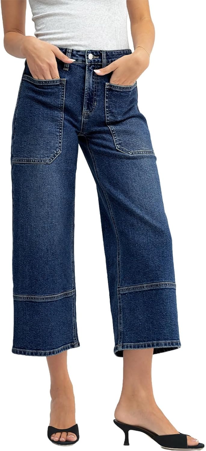 Sidefeel Women's Wide Leg Jeans High Waisted Stretchy Big Pockets Capri Denim Pants