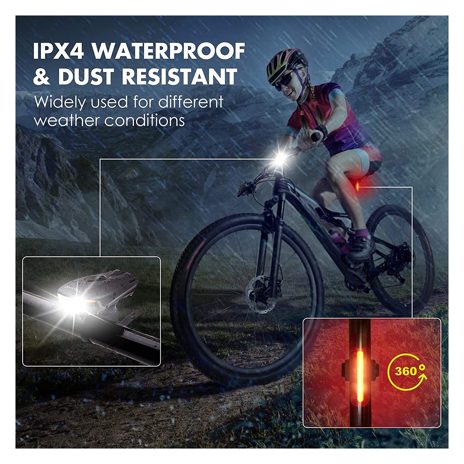 Conjunto de LED de luz de Bicicleta, Luces de Bicicleta LED USB Recargable, Faro Frontal Impermeable y Juego de Luces traseras, lámpara de Bicicleta súper Brillante 1200mAh batería Ion Ion □