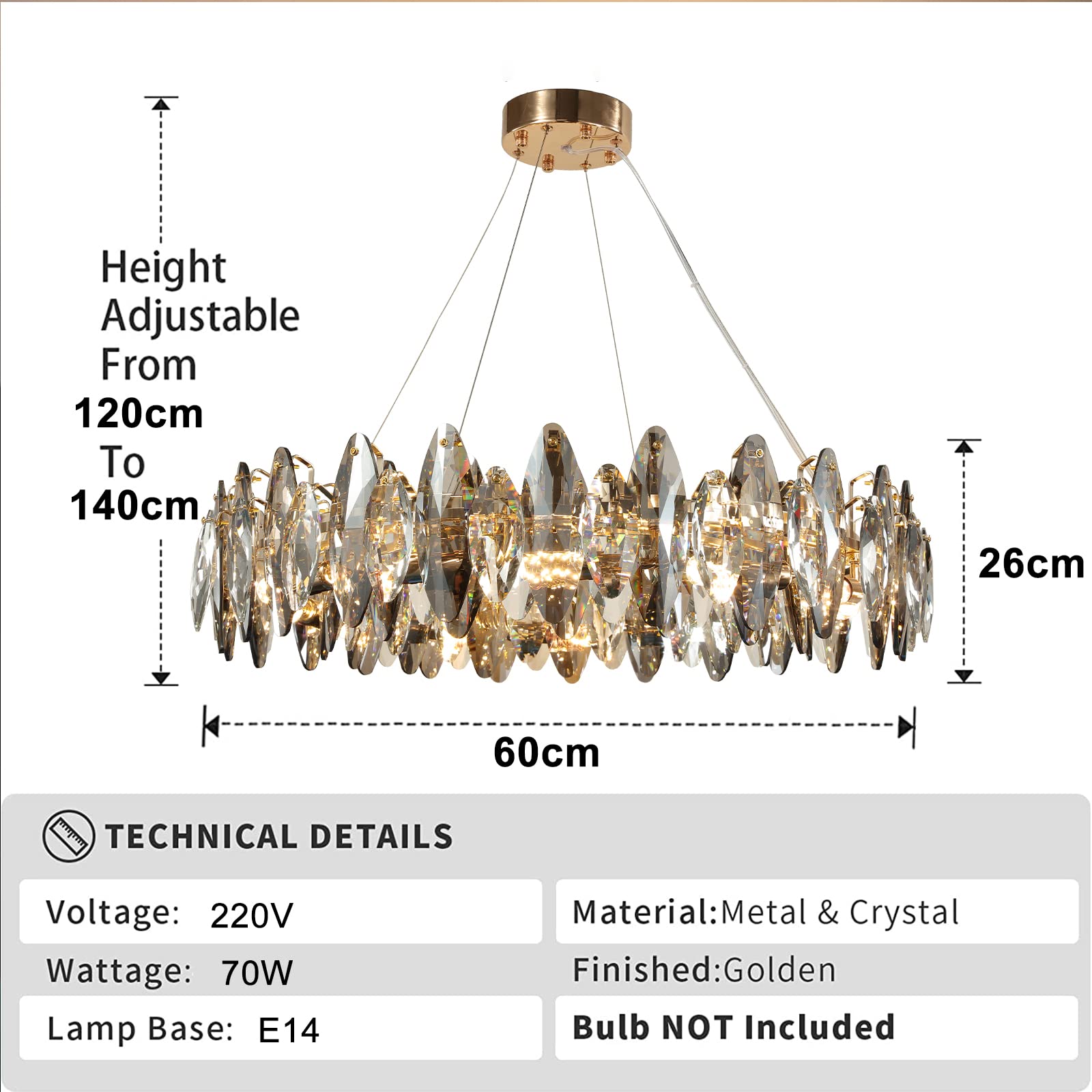 AHXIAOZN Modern LED Kristall Kronleuchter Luxus,Funkelnder Eiförmiger Kristall Deckenleuchte Gold,8xE14 Wohnzimmer Pendelleuchte,8-Flammig