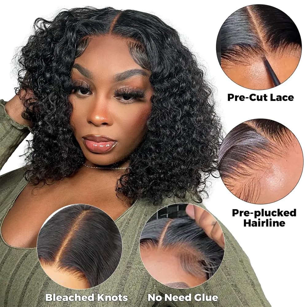 Misser Curly Bob Human Hair 5x5 Glueless Wig Human Hair Deep Wave Lace Front Closure Wigs Pre Plucked Pre Cut 180% Density Wear and Go Glueless Bob Natural Black 8 Inch for Black Women
