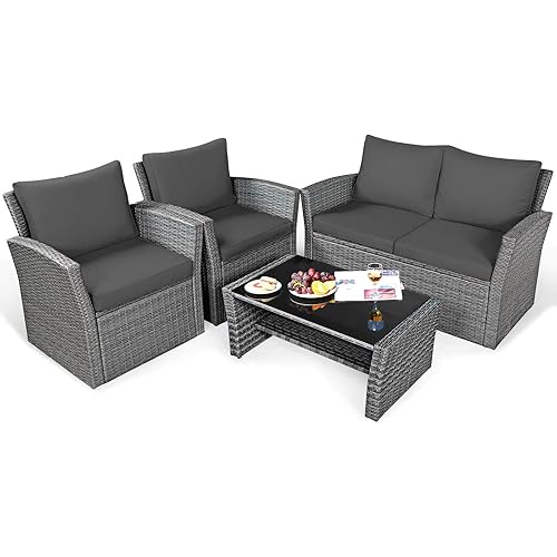 Tangkula 4 Pieces Patio Furniture Set, All Weather Outdoor Sectional Rattan Sofa Set with Cushions & Tempered Glass Table, Wicker Conversation Couch Set for Backyard Garden Poolside Balcony (Gray)