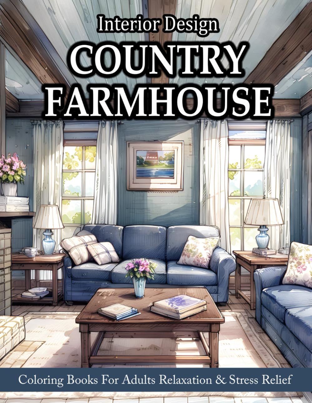 Country Farmhouse: Interior Design Coloring Book For Adults With Beautiful Country Kitchen, Cozy Room, Rustic Living Room, And Much More