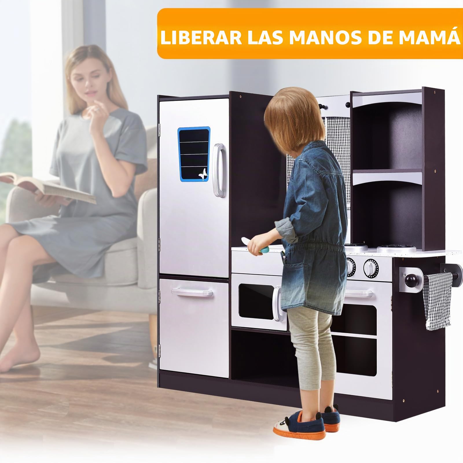 RELAX4LIFE Cocina Juguete de Madera para Niños, Cocinita Infantil con Horno, Microondas, Estufa, Nevera, Accesorios Realistas, 2 Estantes, Cocina Infantil para Niños 3+ Años