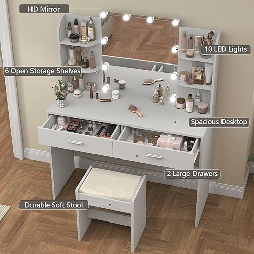 Vista 75 de usikey Escritorio grande de tocador de 47.2 pulgadas con espejo iluminado, 14 luces, mesa de tocador de maquillaje con 5 cajones grandes y estación