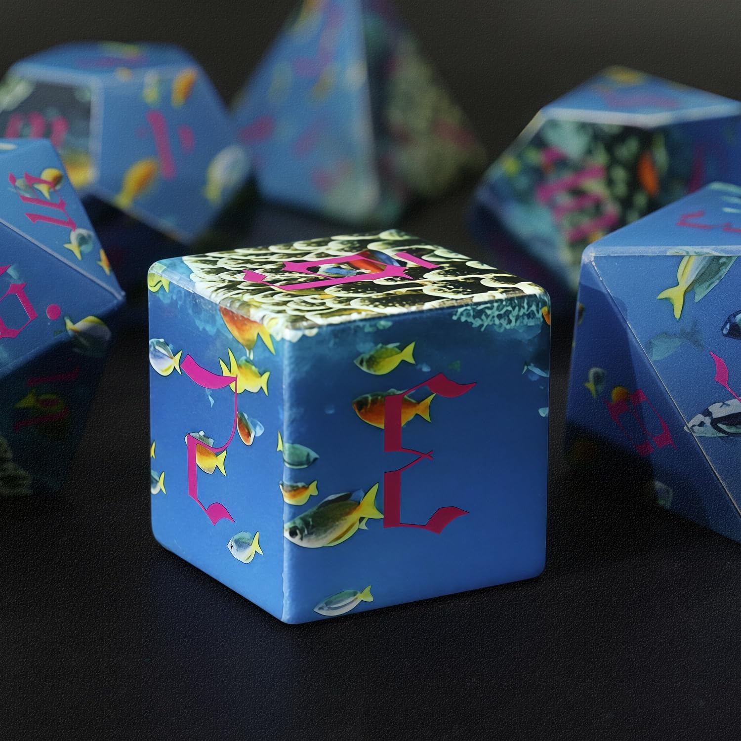 DND Dice Set Ocean Blue - Underwater World Design with Coral & Fish, 7Pcs Polyhedral Dice with Box for Dungeon and Dragons D&D RPG