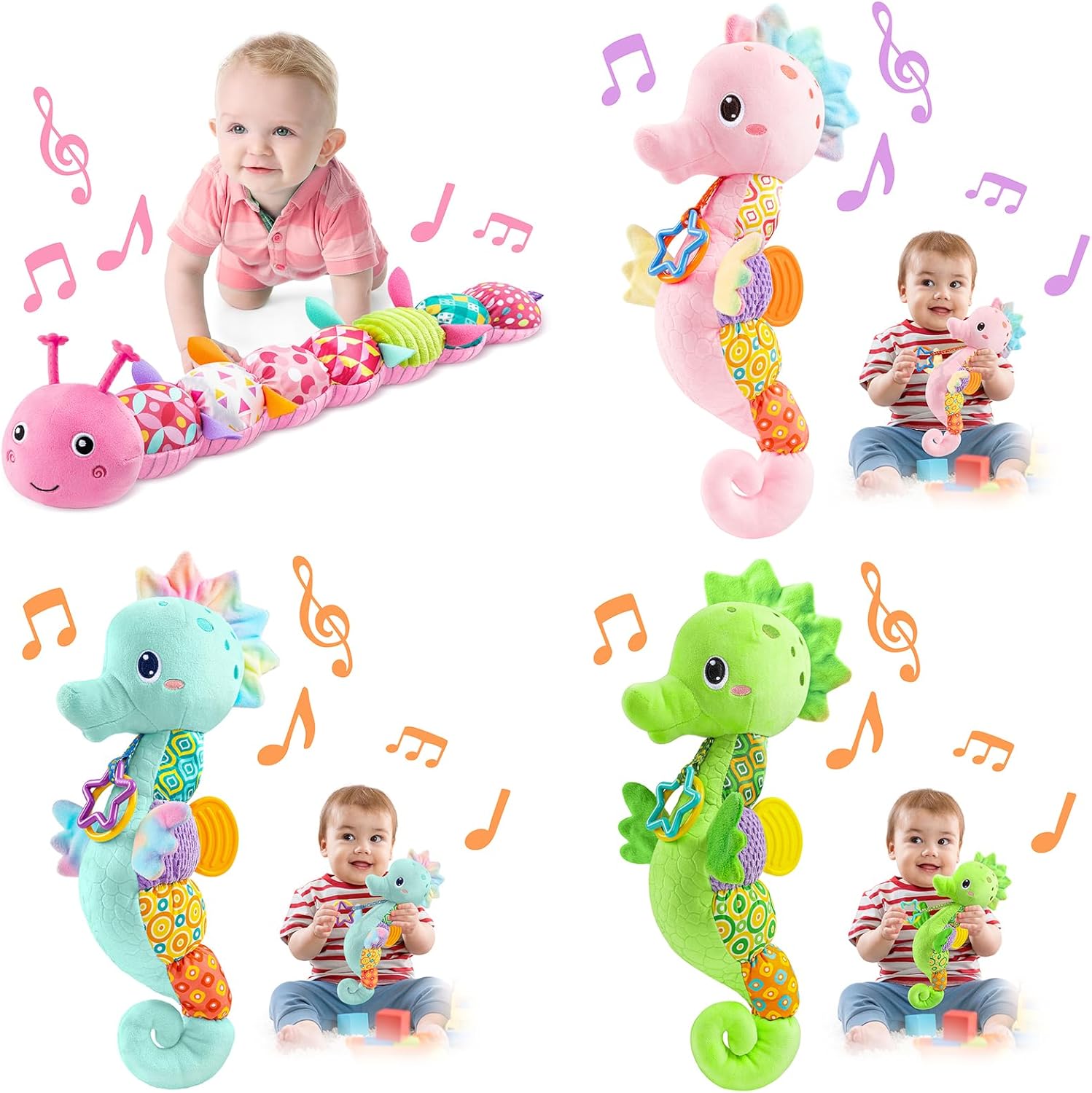 LIGHTDESIRE Baby Toys Musical Caterpillar&Three Color Seahorse Set,Infant Stuffed Animal Toys with Crinkle and Rattles,Soft Sensory Toys with Textures for Tummy Time Newborn Boys Girls 0 3 6 12 Months