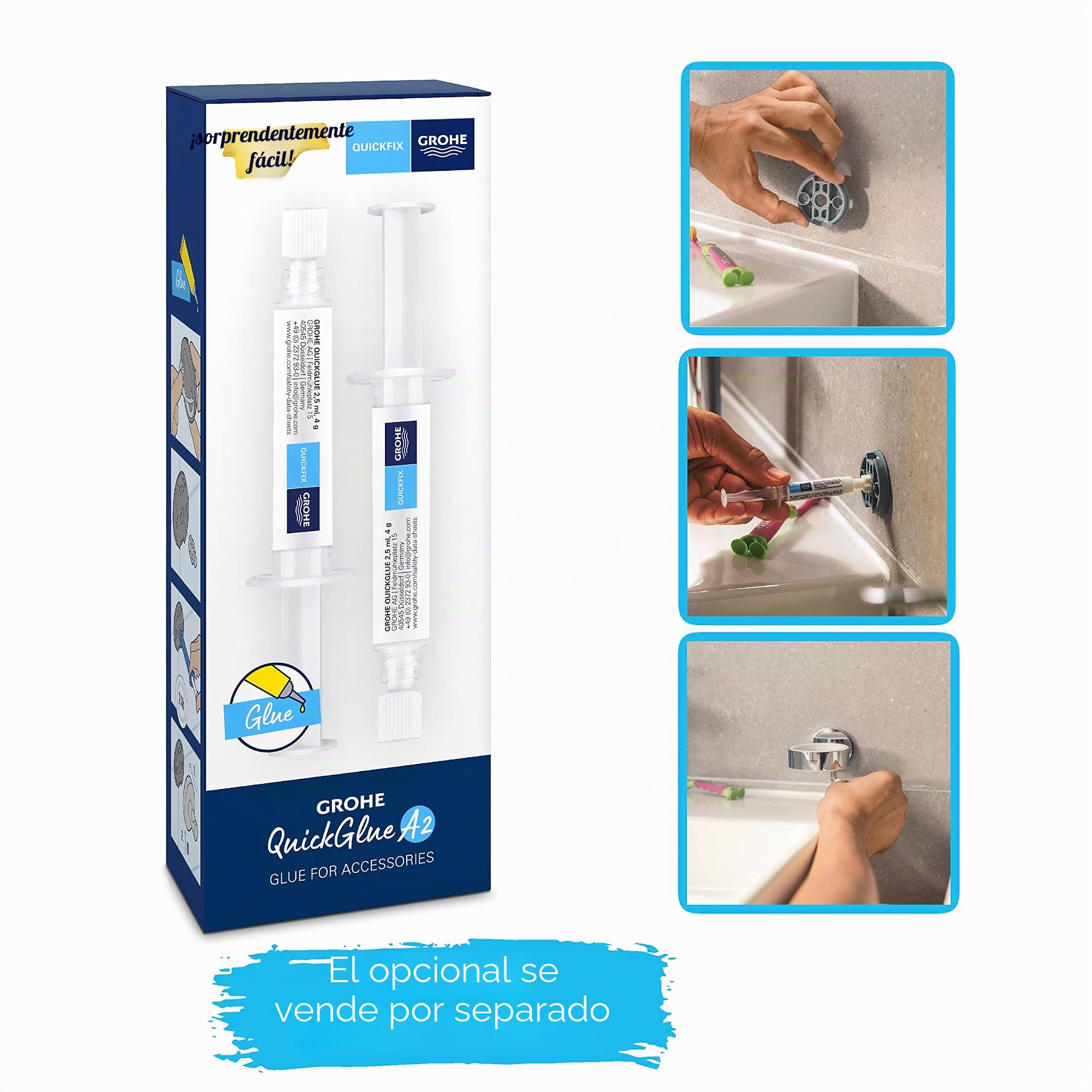 Grohe Start Cube QuickFix - Set de accesorios 4-en-1, Portarollos con tapa, colgador individual, toallero de argolla y barra para toallas, cromo, para pegar (pegamento QuickGlue A1) o atornillar