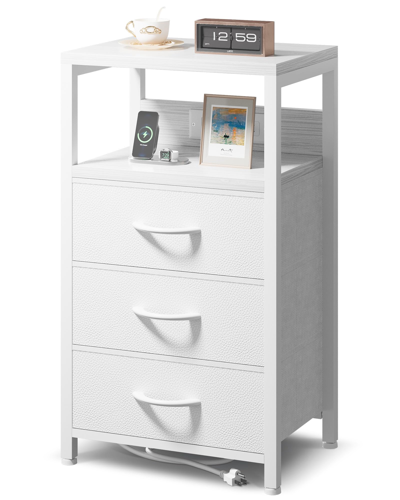 Lazzanto NightStand Bedside Charging Table Bedroom - White Night Stand with Charger Station, USB-C USB Ports & AC Outlets for Dorm, Modern End Table
