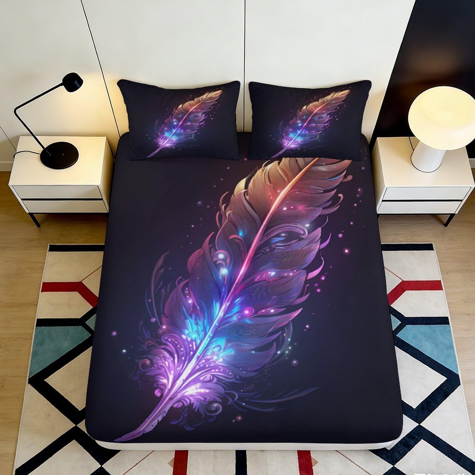 3D Printed Galaxy Feather Fitted Sheet Microfiber Deep Pocket Non-Slip Bedroom Bedding Feather Mattress Fitted Cover Washable for Adults Teens 160x200x25cm