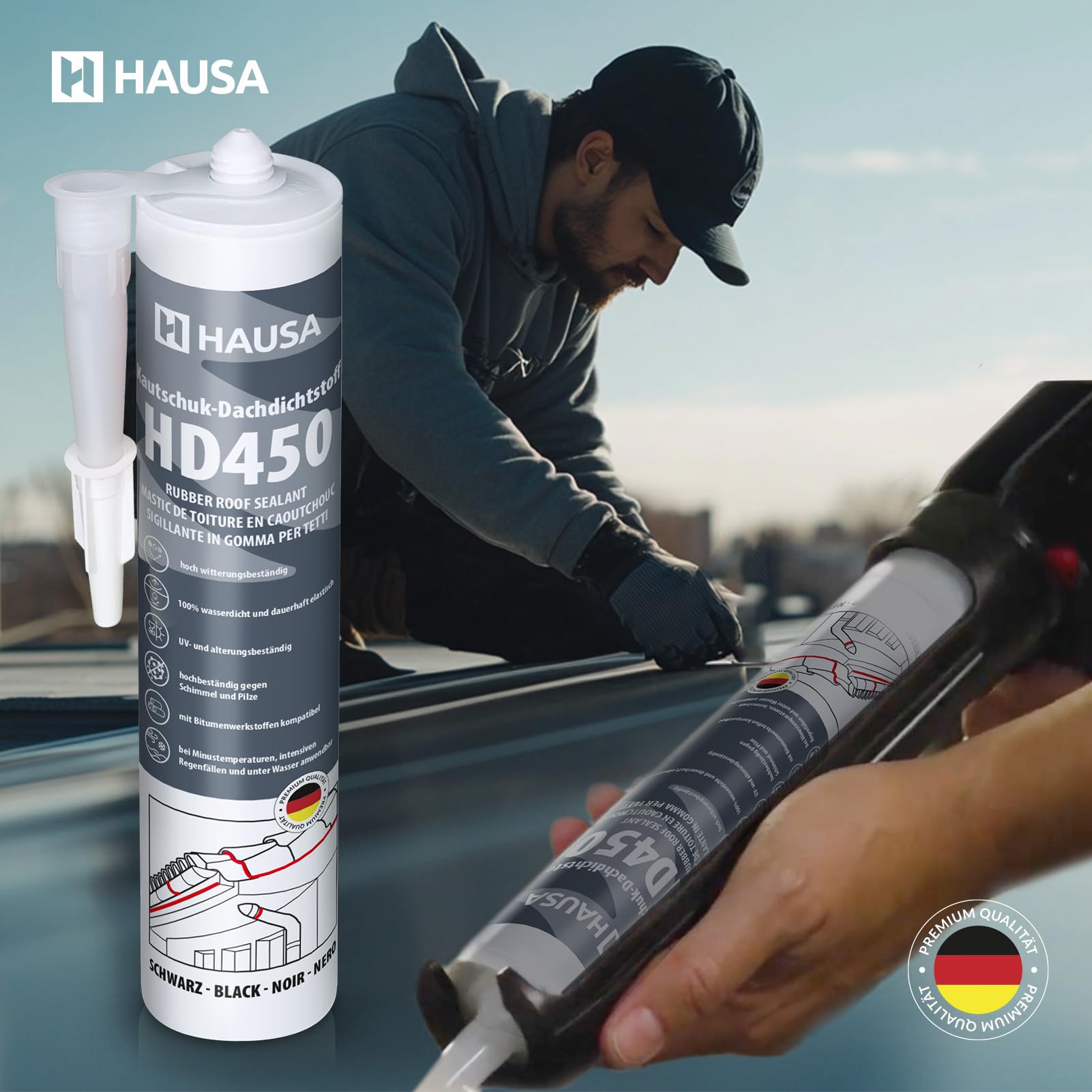 Hausa Kautschuk Dachdichtstoff HD450 Schwarz 6x 300ml dauerelastische Dichmasse & Kleber für Dach Dachrinnen Trapezblech Dachfolien Dachbahnen, wetterfest, kompatibel mit Bitumenwerkstoffen