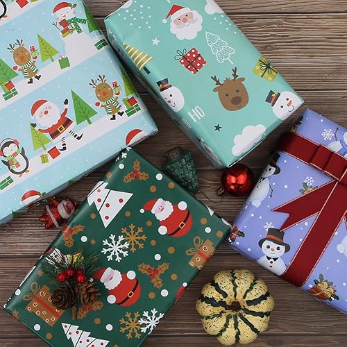 Miniatura 4 de Hojas planas plegadas de papel de regalo de Navidad (30 x 20 pulgadas por hoja, 4 hojas, 1 diseños 15 pies cuadrados ttl) con cinta de borde dorado