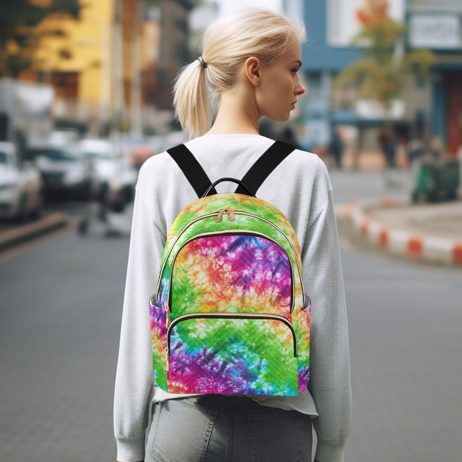 ALAZA Small Backpack Purse Tie Dye Pride Rainbow Quilted Backpack for Women Girls Teen Fashion Daypack Ladies Bookbag Work Travel Daily Rucksack