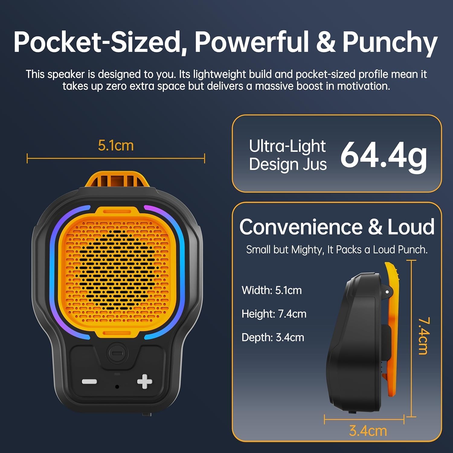 Altoparlante Bluetooth indossabile, altoparlante wireless portatile con clip magnetico, mini altoparlante Hi-Fi con 3 modalità di illuminazione, microfono ENC per chiamate in vivavoce musica, leggero