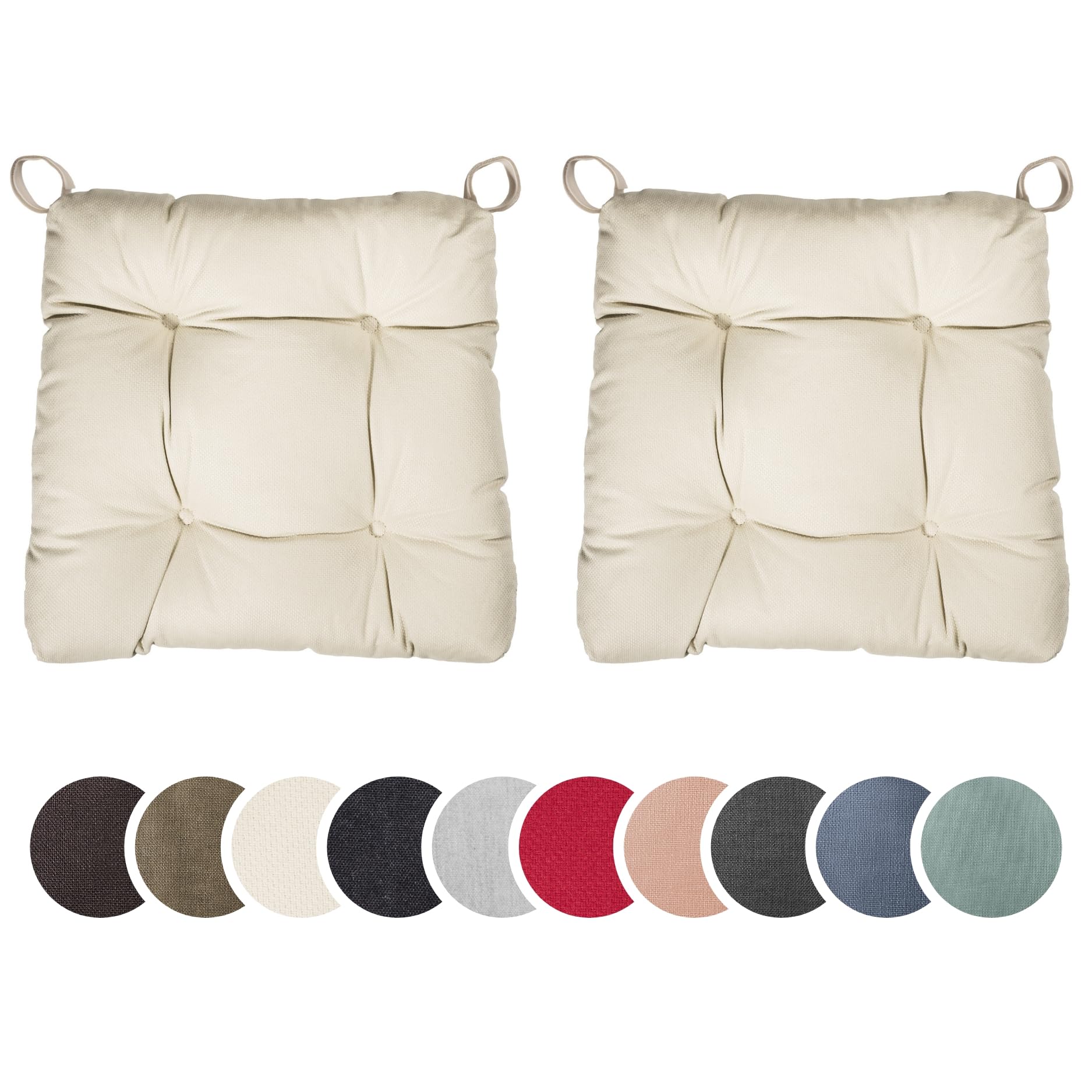 sleepling 2er Set Stuhlkissen 40 (vorne), 35 (hinten) x 38 x 7 cm, Sitzkissen für Stuhl & Bank mit Klettverschluss, 100% Baumwolle, Indoor & Outdoor, Made in EU, waschbar, Beige