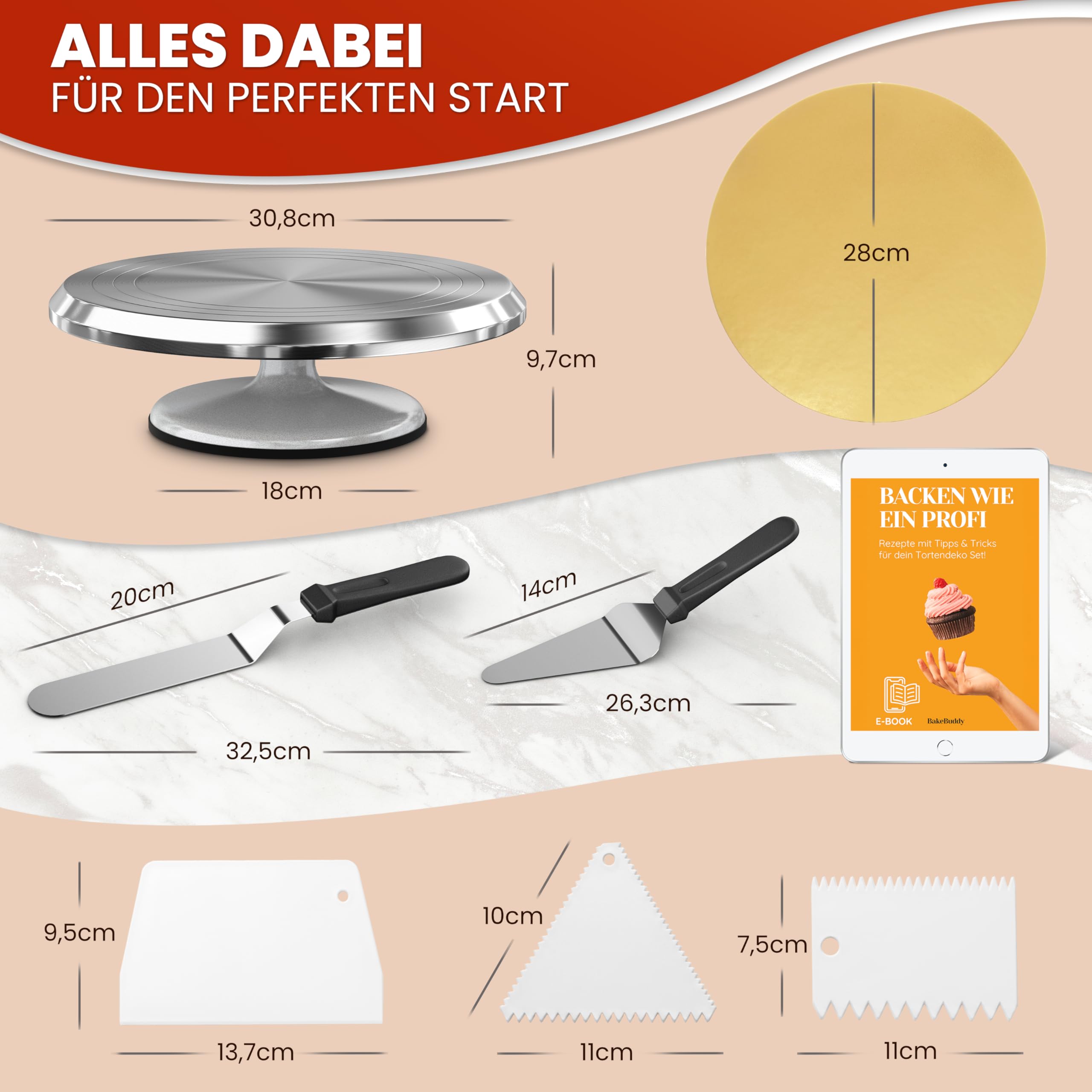 Profi Drehteller Torte (Set) – 30 cm Aluminium Tortendrehteller mit Antirutschboden inkl. 2 Winkelpalette & 3 Teigschaber aus Edelstahl | Stabile drehbare Tortenplatte mit Tortenzubehör