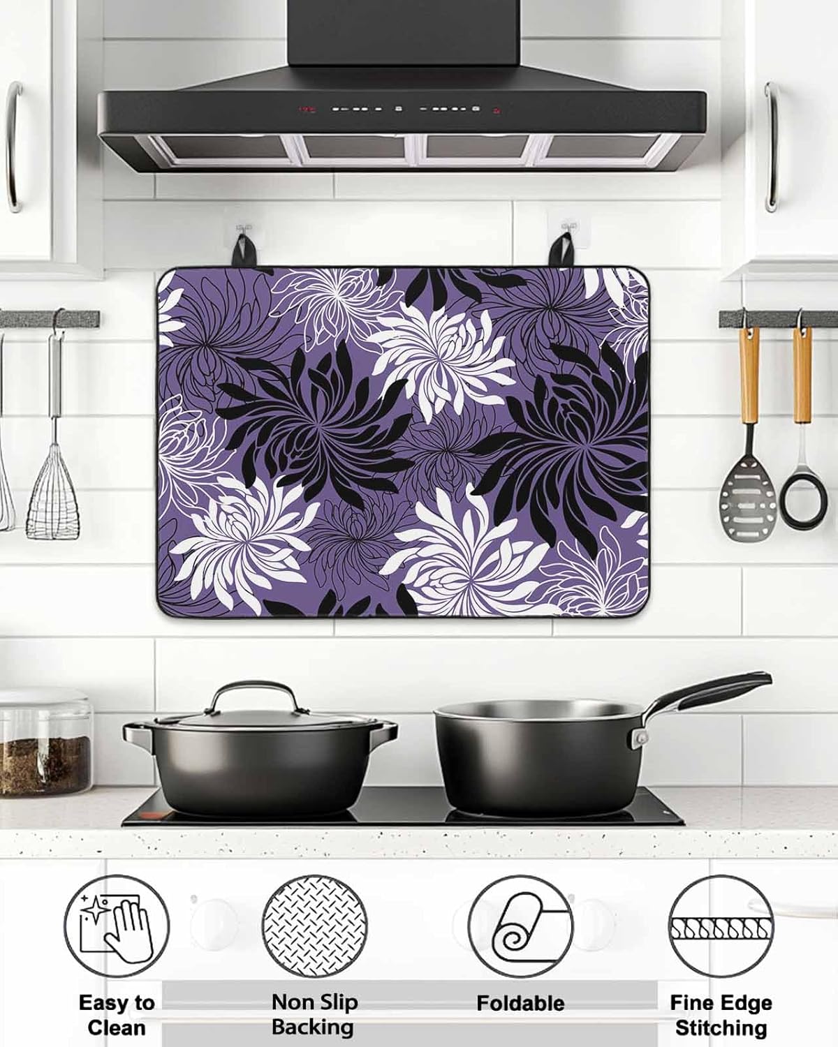 Stove Top Cover Chrysanthemum Stove Cover for Electric Stove Top Vintage Purple Black Floral Glass Cooktop Covers Anti-Slip Mat Heat R esistant Countertop Protector Kitchen Decor 28.5"x20.5"