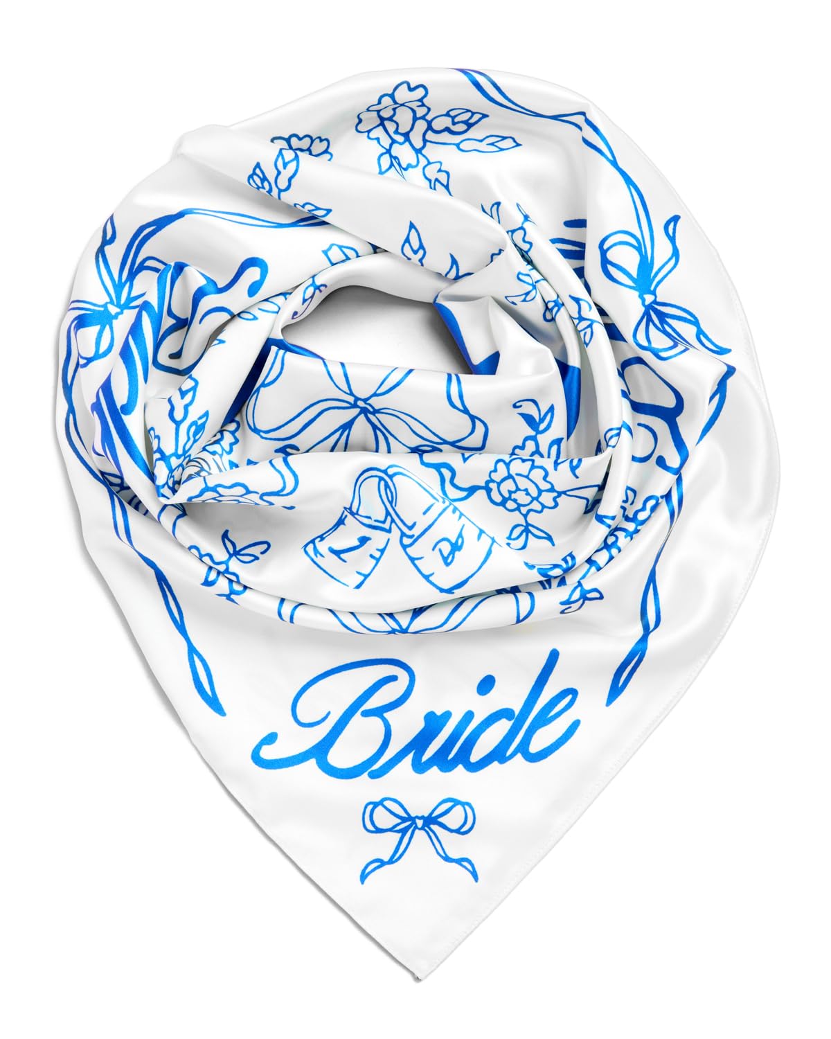 xo, Fetti Bride Head Scarf, 27x27 in | Bachelorette Bandana, Bridal Headwear, Bach Party Accessory, Bridesmaid Gift, White Wedding Handkerchief, Something Blue Silk Hat, White, 27 in