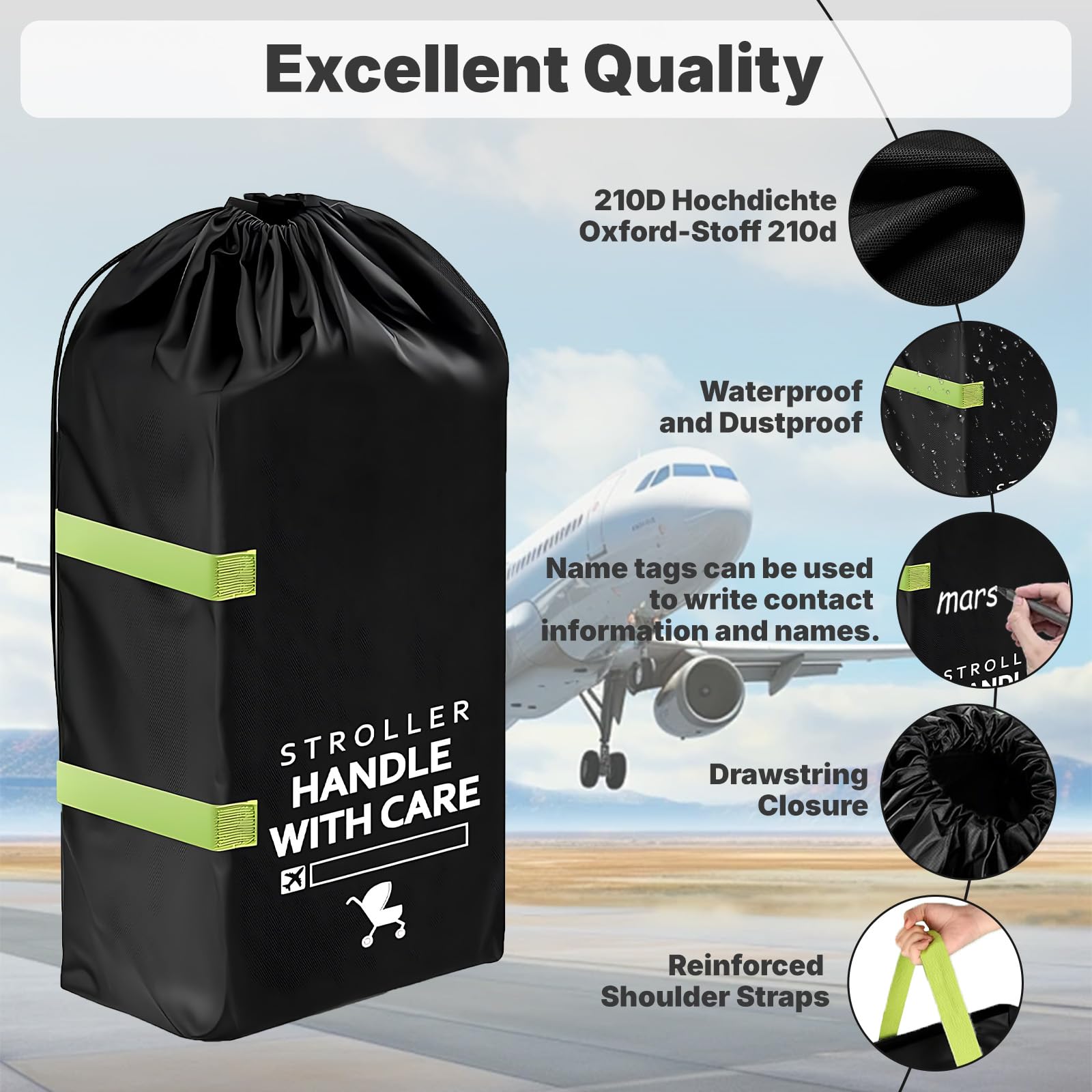 Große Transporttasche Kinderwagen, Schutzhülle für Kinderwagen im Flugzeug Robuste Buggy Tasche Wasserdichte Reisetasche mit Schultergurt Geeignet für Den Transport in Großen Flugzeugen (115x53x31cm)