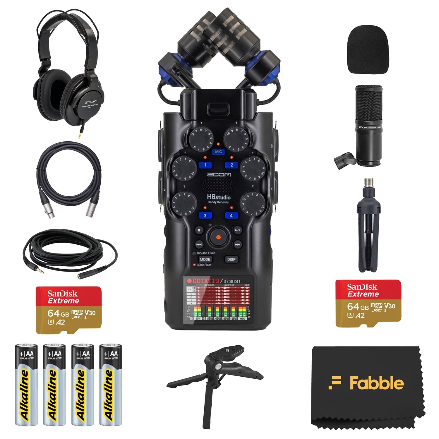 Zoom H6studio Handy Recorder Bundle mit ZDM-1 Podcast-Mikrofonpacks, Kopfhörern, Tischständern, XLR-Kabeln, Windschutzscheiben, 2 Speicherkarten, Batterien und Zubehör