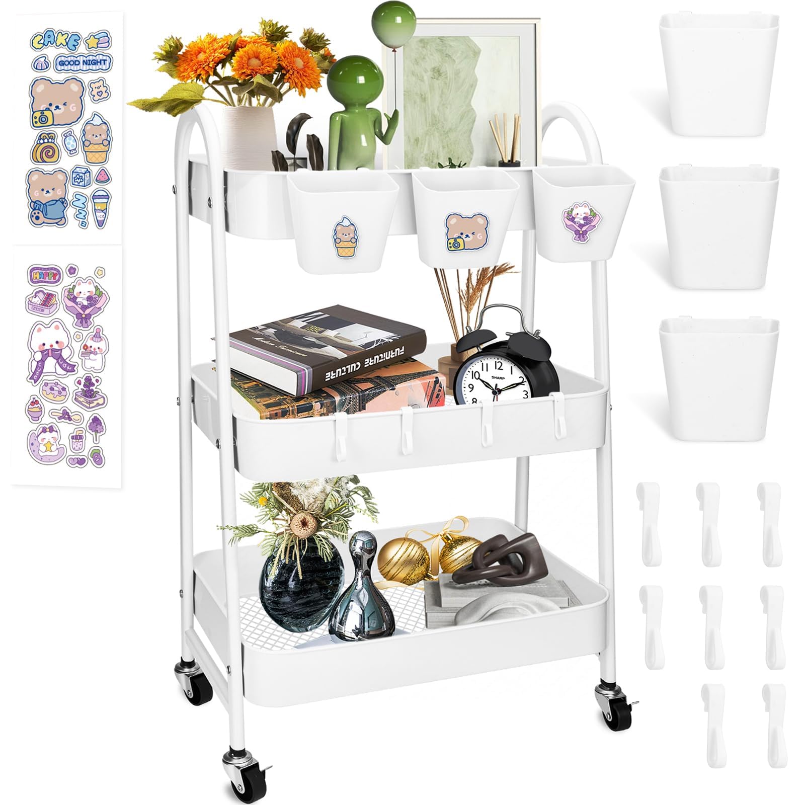 JOYBOY Carrito Auxiliar con Ruedas,Carrito de Cocina,Carro Rodante con Ruedas Bloqueables,Ganchos para Colgar Tazas,Marco de Acero,Carro Servicio 3 Niveles,con Lindas Pegatinas,Blanco