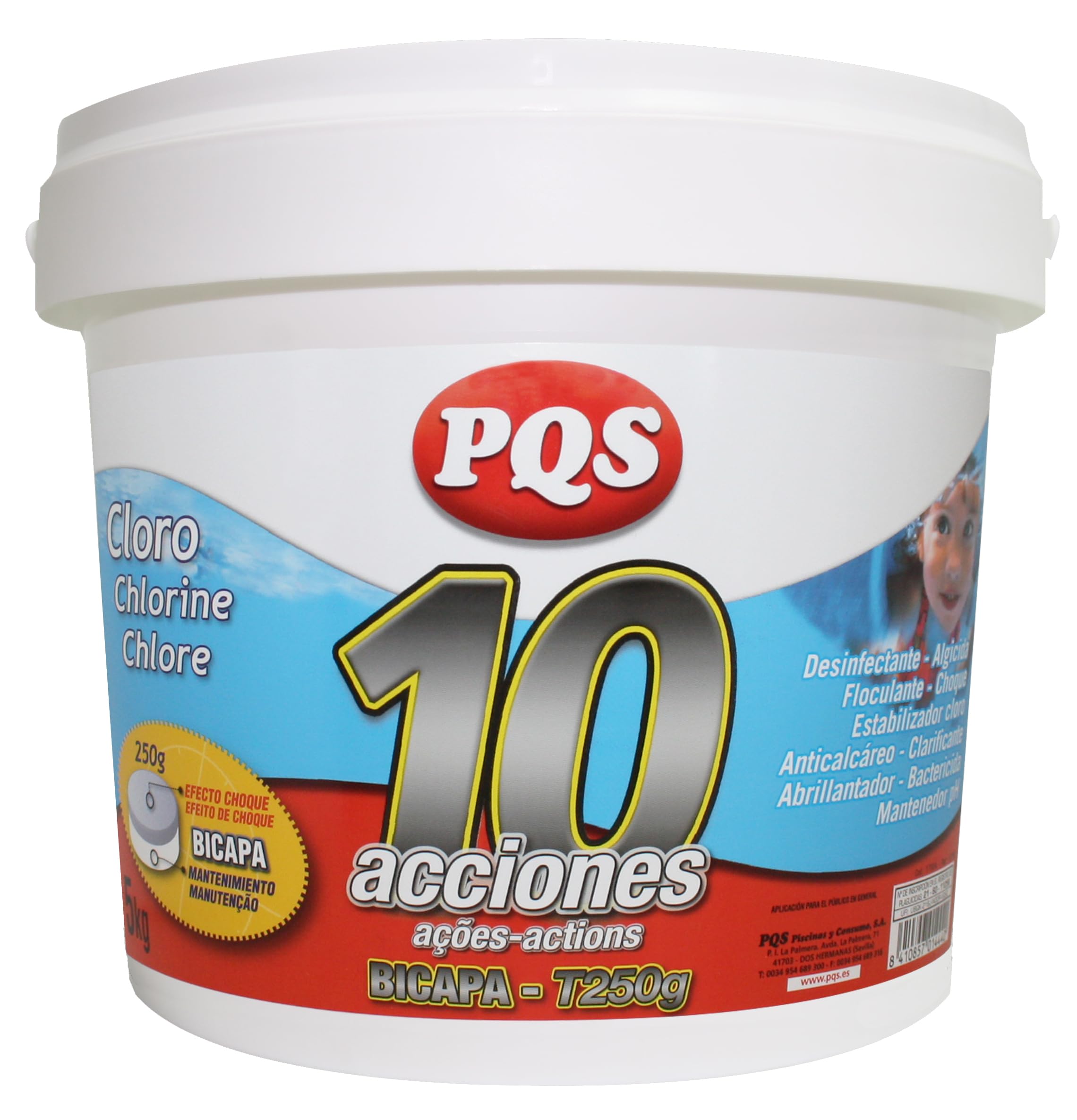 PQS - Cloro 10 Acciones Bicapa T – Tabletas 250 g – Producto para el Tratamiento y Mantenimiento del Agua de Piscinas – Uso No Profesional